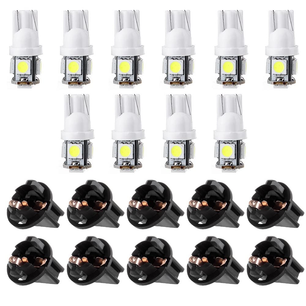 10-Pack T10 5-5050-SMD PC194 LED Bulbs - White Instrument Panel Cluster Dash Lights with Twist Lock Socket - Perfect for Car Dashboard, Motorcycle Gauges & Marine Instrument Lighting