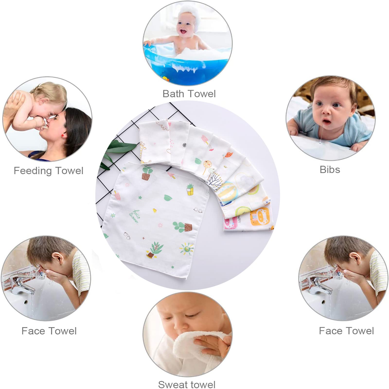 10Pcs Baby Muslin Washcloths - Super Soft & Absorbent Cotton Face Cloths for Newborns - Gentle Reusable Washable Squares for Baby Bath, Feeding & Diaper Changing - Perfect Baby Shower Gift (Random Patterns) - Ideal for Nursery, Travel & Daily Care