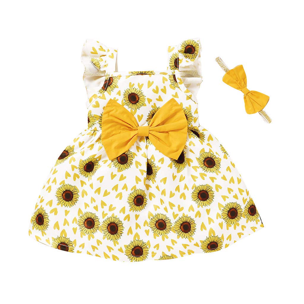 Sunflower Print Floral Baby Princess Toddler Girls Dress & Headband Set - Cute Birthday Outfit for Little Girls, Perfect for Parties, Photos & Special Occasions