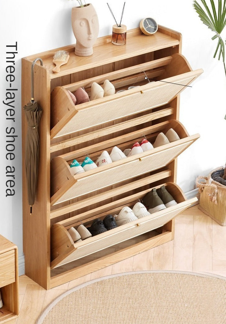 Oak Solid Wood Ultra Thin Flap Door Rattan Shoe Cabinet - Space Saving Entryway Storage Organizer for Hallway, Closet & Mudroom