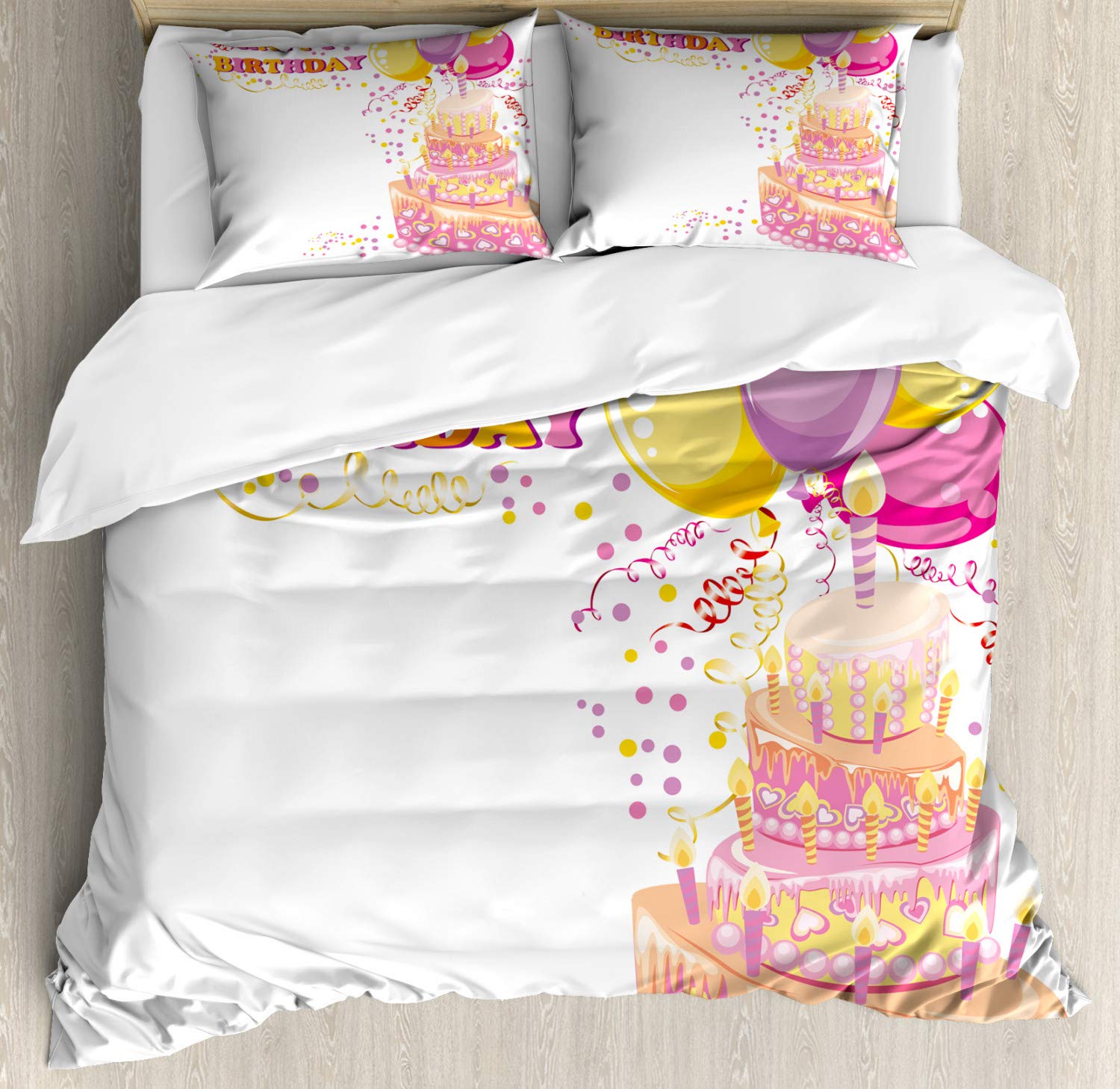 Ambesonne Birthday Party Duvet Cover Set - Celebration Themed with Cakes, Candles, Balloons & Hearts Print - 3 Piece Bedding Set Includes Duvet Cover & 2 Pillow Shams - California King Size in Orange & Pink - Perfect for Girls' Birthday Parties, Sleepovers & Festive Bedroom Decor