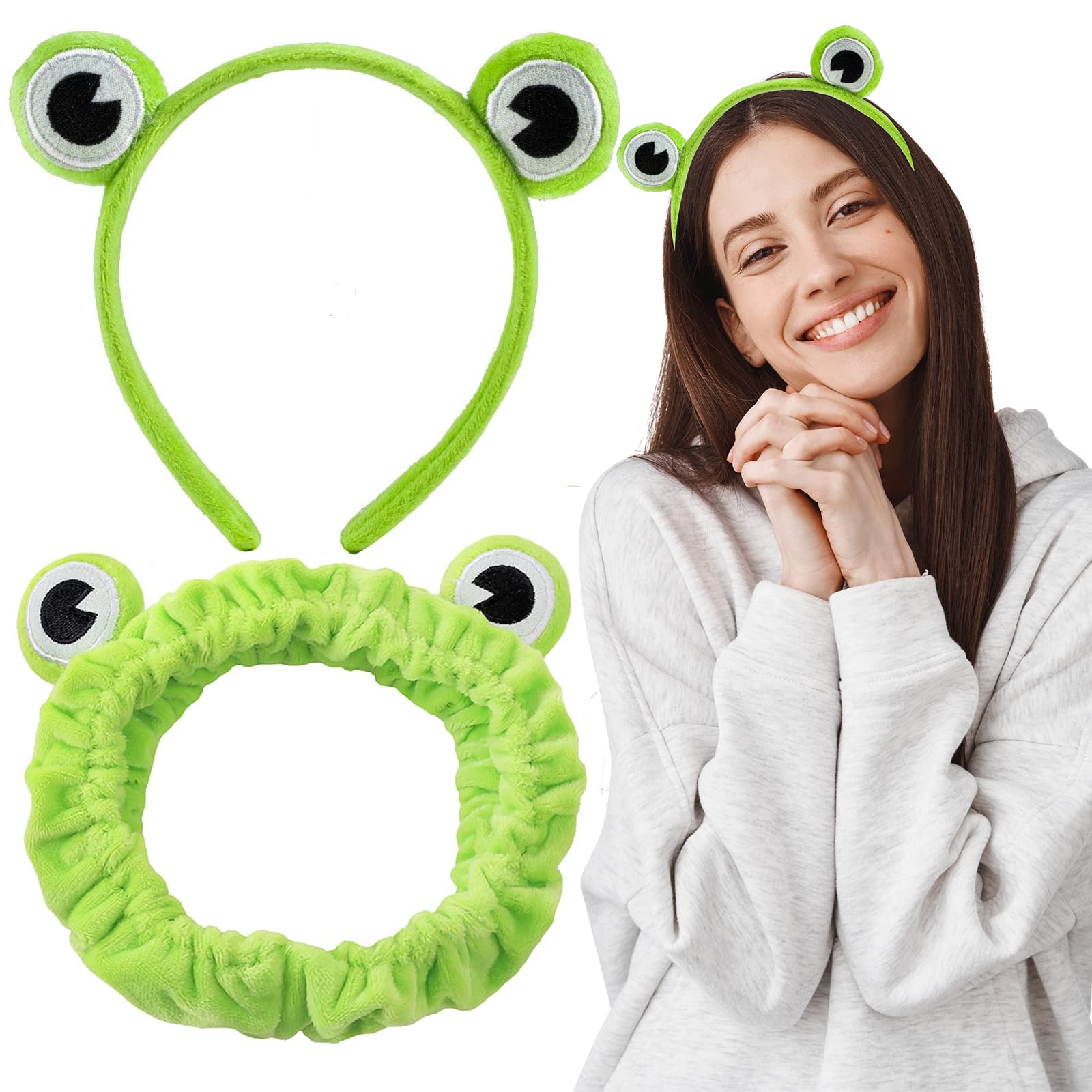 2 Pack Cute Green Frog Hair Bands & Head Wraps - Soft Elastic Hair Hoops for Girls & Women - Perfect for Makeup, Face Washing, Shower, Yoga, Sports & Skincare - Fun Spa & Beauty Hair Accessories