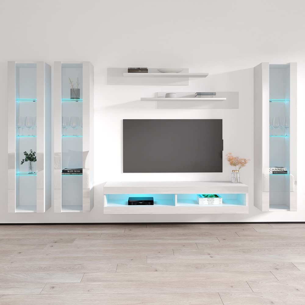 Modern Floating TV Stand with Storage & LED Lights - Wall-Mounted Entertainment Center Console for Bedroom & Living Room - White Meble Furniture Fly CD2 34TV Stand - Perfect for Small Spaces & Home Theater Setup