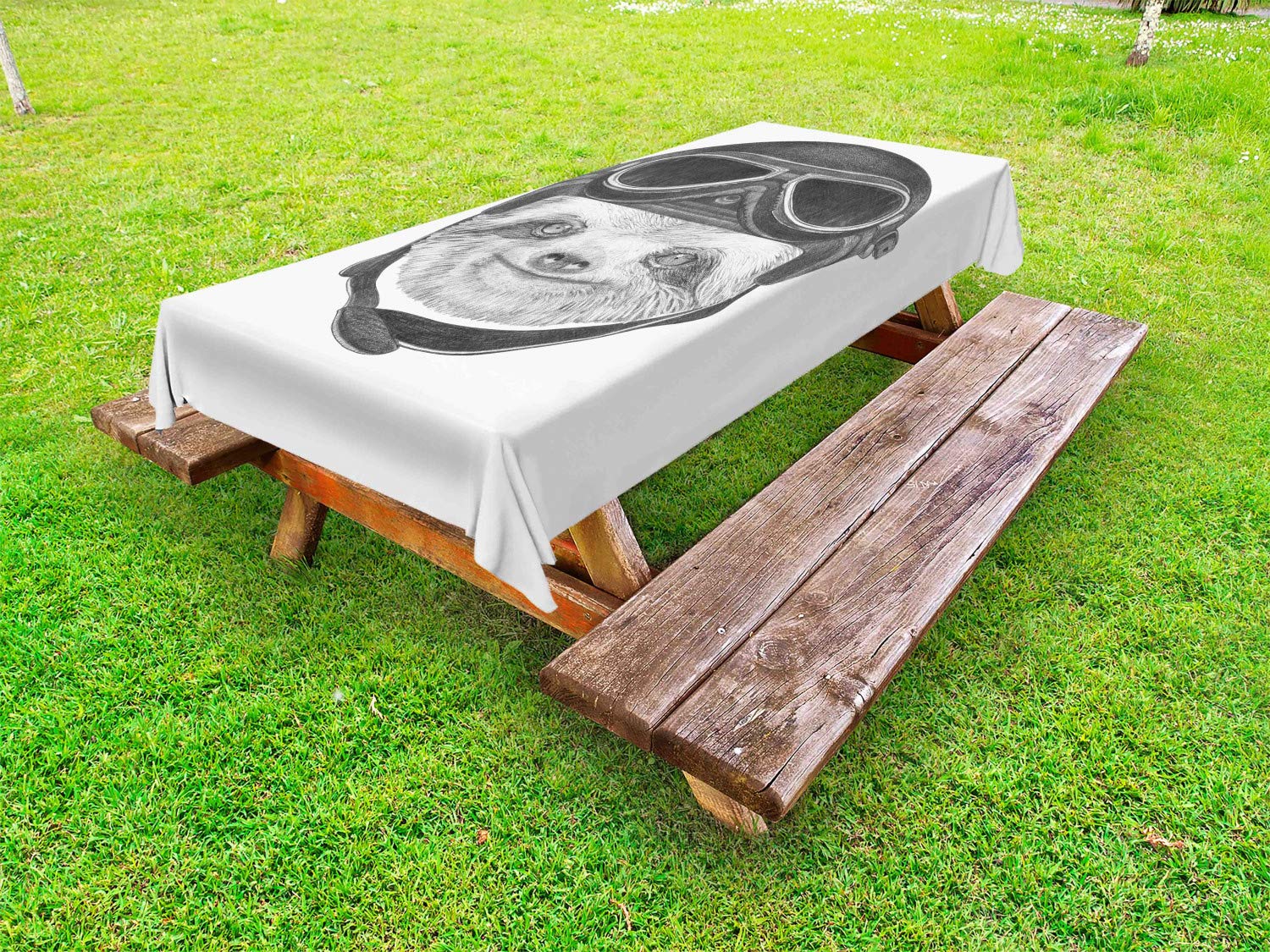Ambesonne Vintage Sloth Print Outdoor Tablecloth - Hand Drawn Animal Portrait with Urban Biker Design, Waterproof Washable Picnic Table Cover 58x120 Inches (Grey Black) - Perfect for Backyard BBQs, Camping & Outdoor Dining
