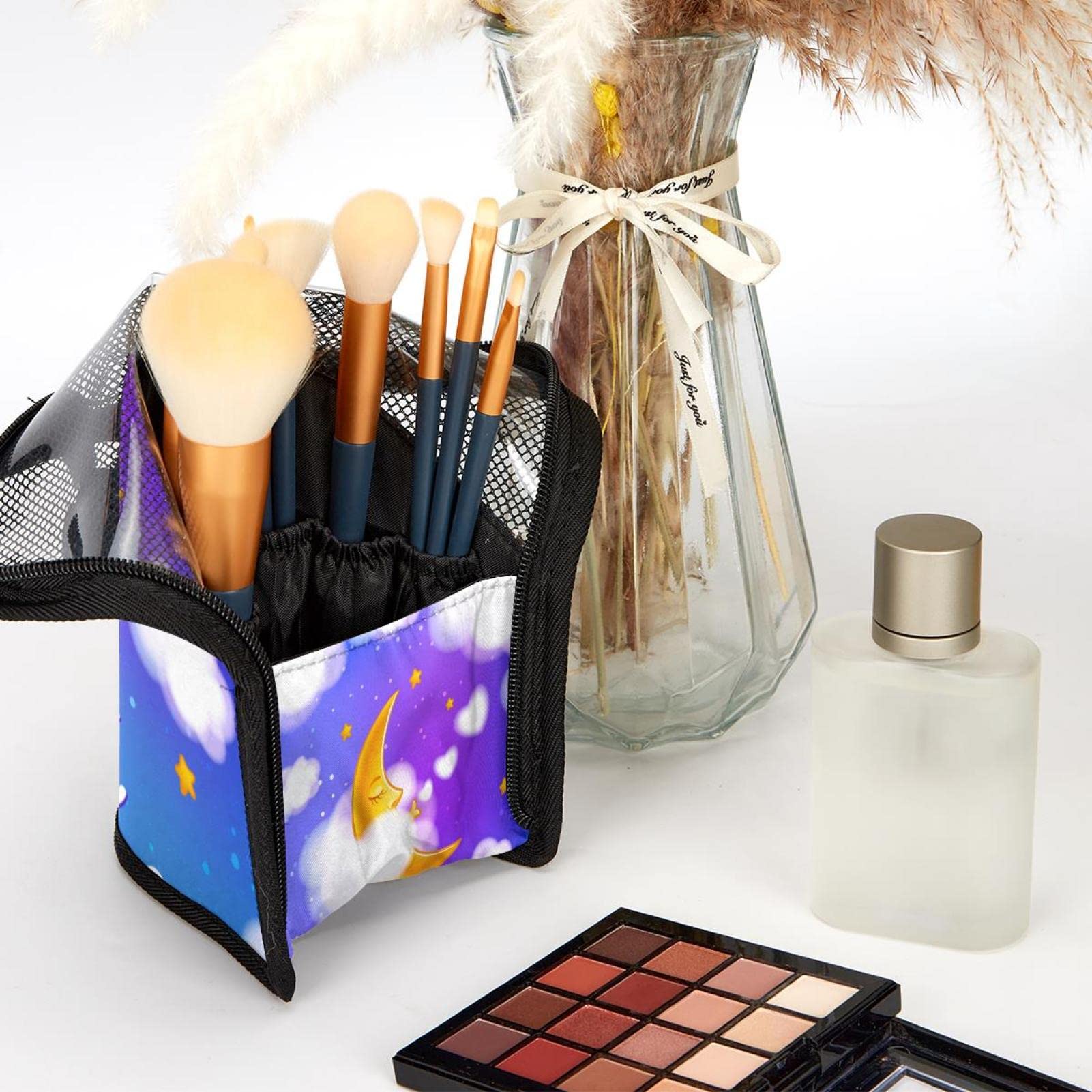 Premium 12-Piece Makeup Brush Organizer Bag - Moon Clouds & Dreams Design, Portable Cosmetic Brush Holder Case for Travel, Home, and Professional Makeup Artists