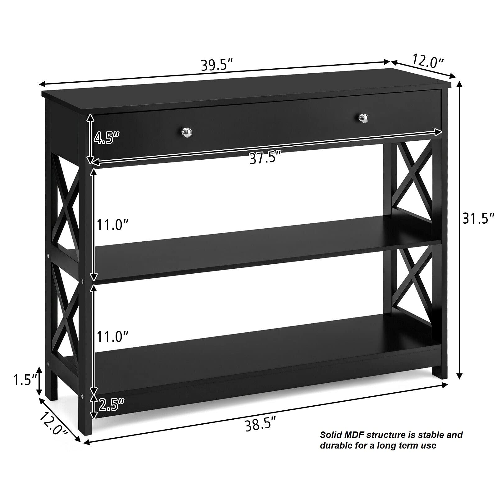 Black 3-Tier Entryway Console Table with Large Drawer & 2 Storage Shelves - Hallway Sofa Side Table, TV Stand, Bookshelf for Living Room, Bedroom - Perfect for Organizing Books, Photo Frames, Toys, Keys & Sunglasses