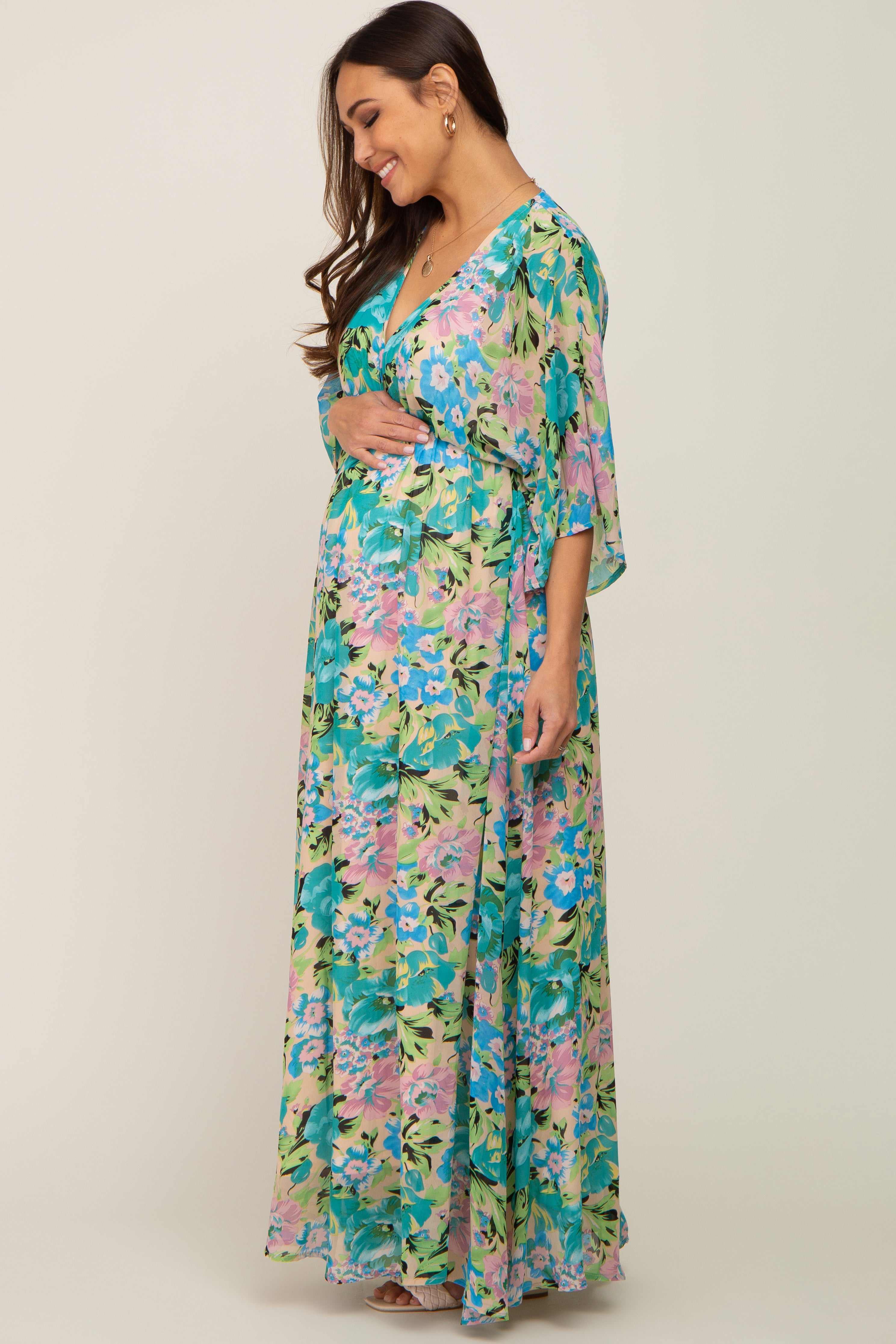 Beige Floral Chiffon Maternity Maxi Dress with Half Sleeves - Elegant Pregnancy Gown for Baby Shower, Wedding & Special Occasions