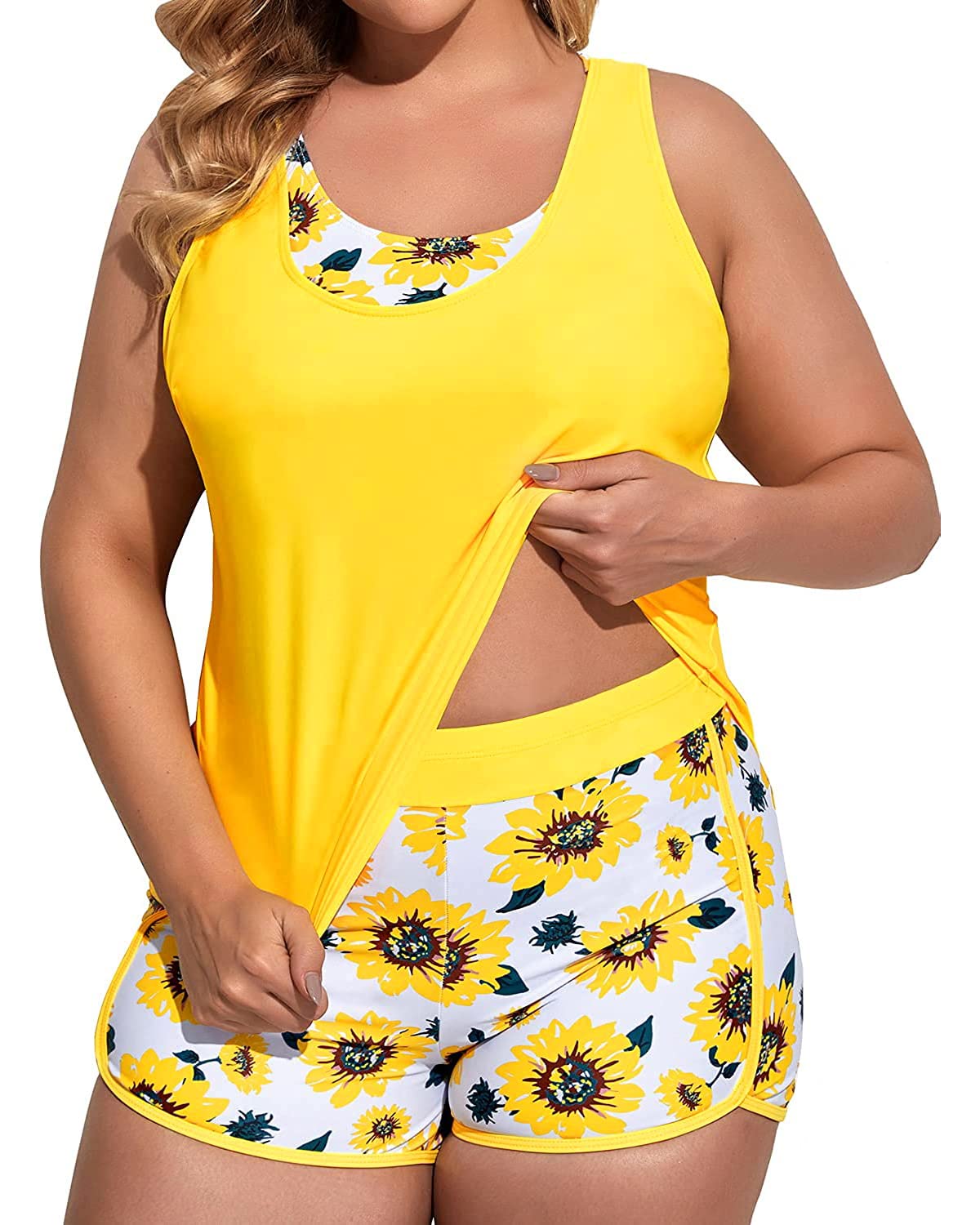 Holipick Women's Plus Size 3 Piece Tankini Swimwear Set - Tummy Control Bathing Suit with Boy Shorts & Sports Bra Top | Perfect for Beach, Pool & Vacation