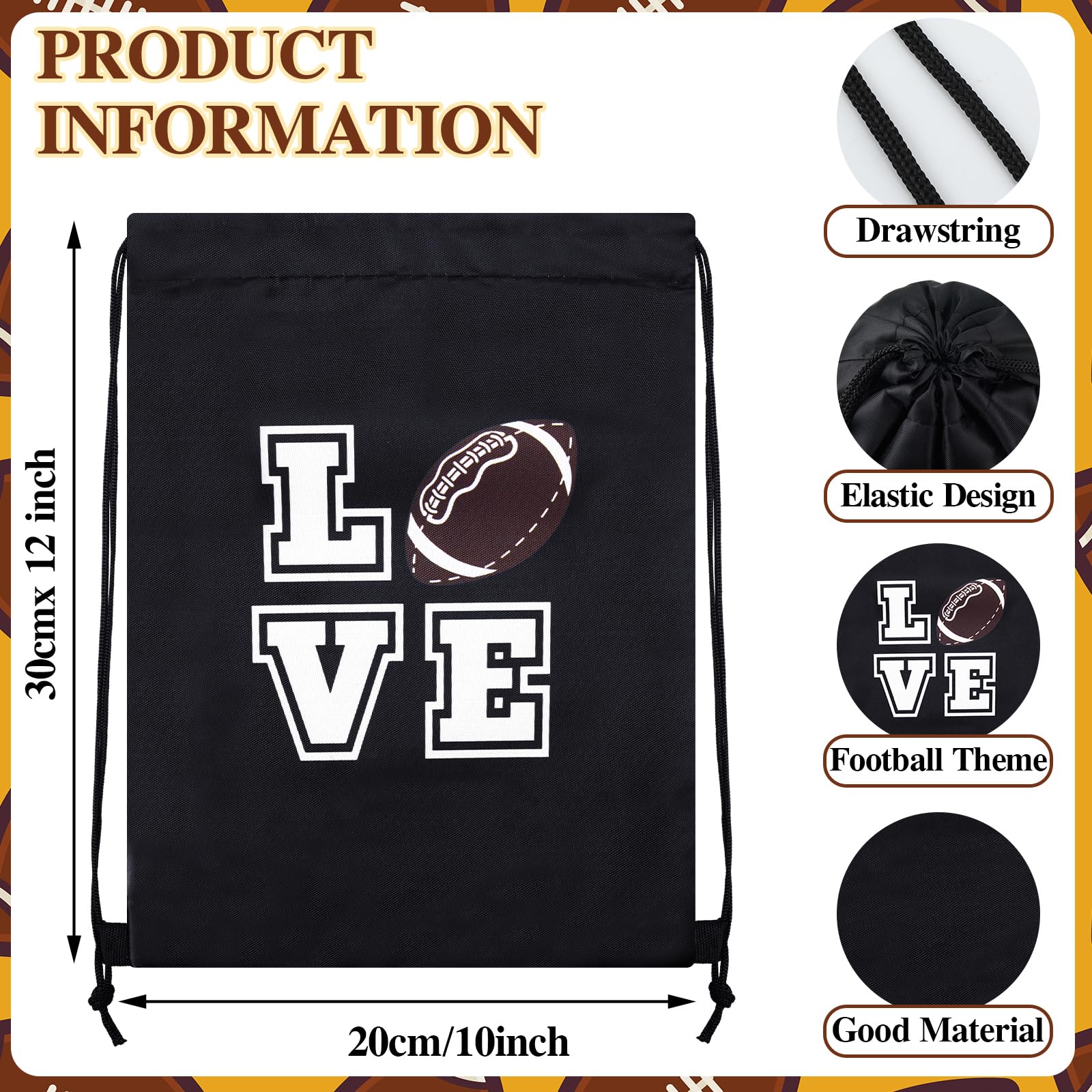 20 Pack Football Drawstring Bags - 10x12 Inch Sports Backpack for Team Gifts, Party Favors & Game Day Essentials - Perfect for Football Players, Coaches & Fans