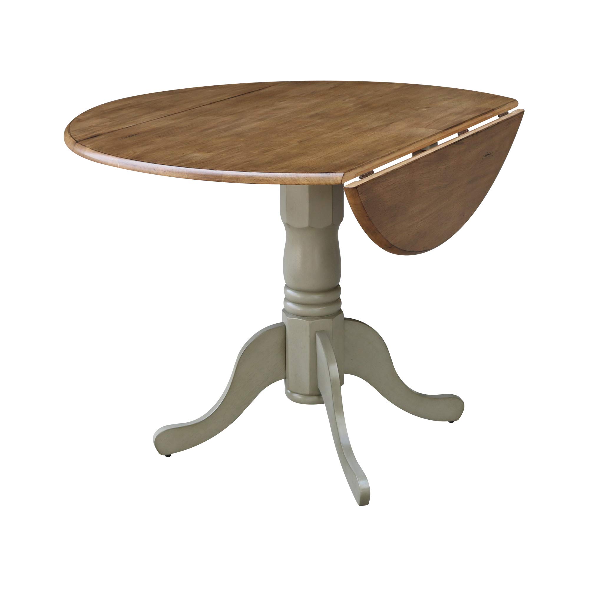 IC International Concepts 42-Inch Round Dual Drop Leaf Pedestal Dining Table - Solid Real Parawood with Distressed Hickory/Stone Finish | Perfect for Small Spaces, Kitchen Nooks & Cozy Dining Rooms