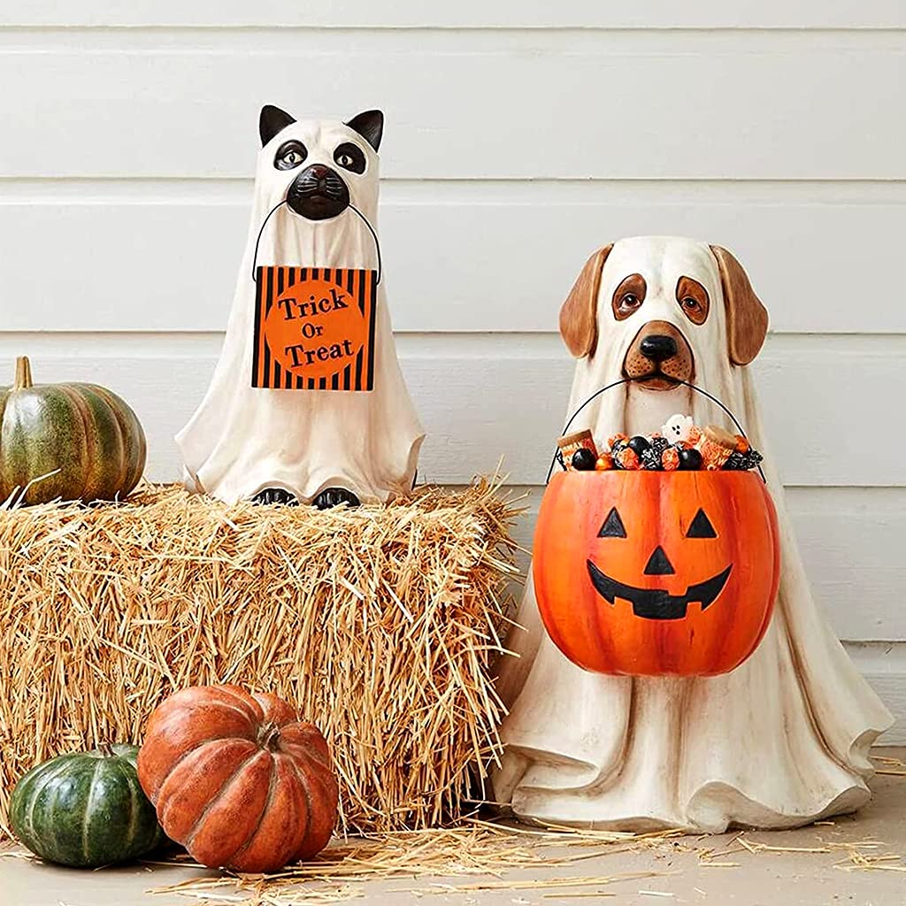 Halloween Candy Bowl - Asukohu Resin Pumpkin Candy Organizer with Dog & Cat Statue for Trick or Treat Decor | Perfect for Halloween Party, Home Decor & Gift Giving