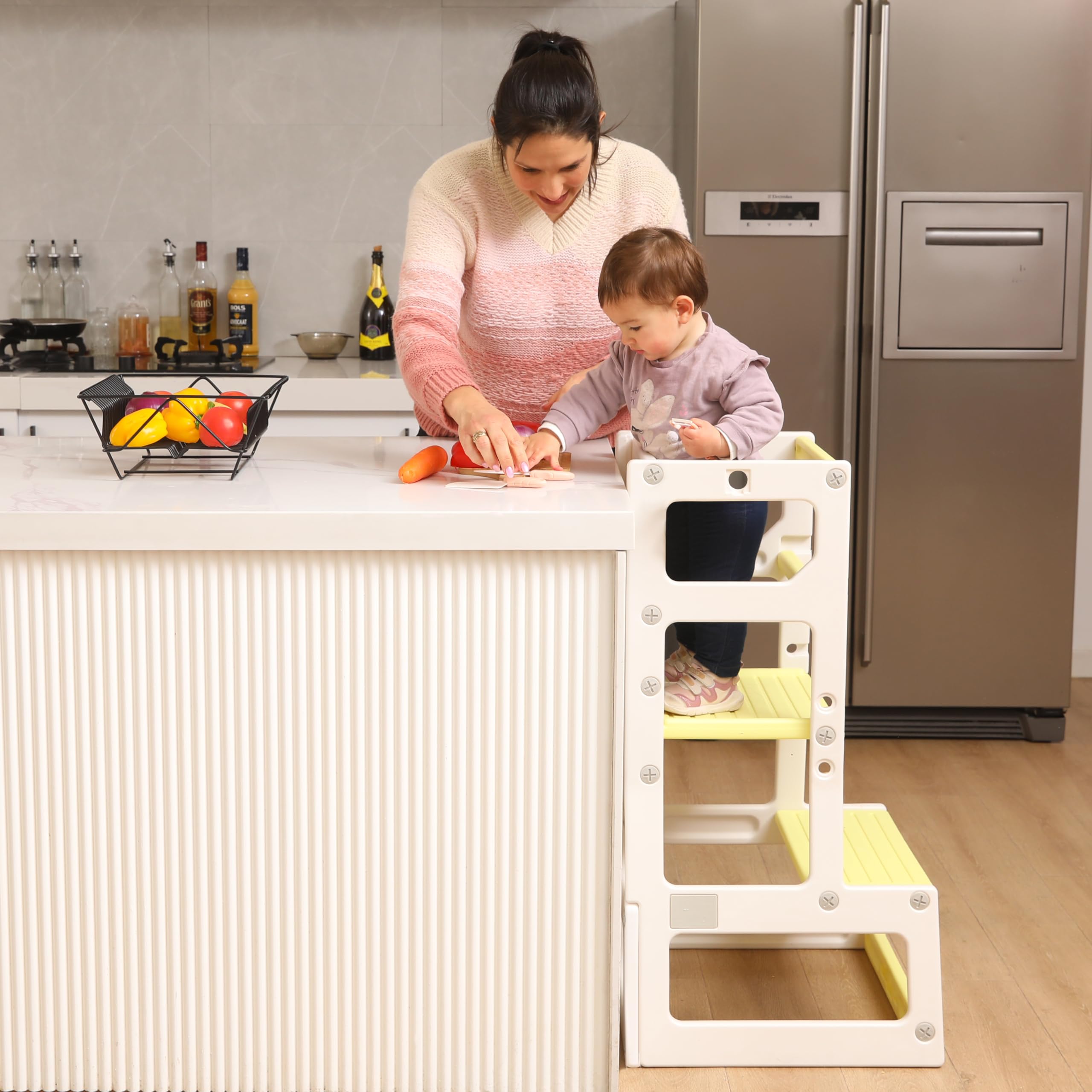 Adjustable Height Kids Kitchen Step Stool - Safe Toddler Learning Tower for Cooking & Bathroom Use | Non-Slip Platform for Children (Yellow) | Perfect for Baking, Washing Hands & Countertop Activities