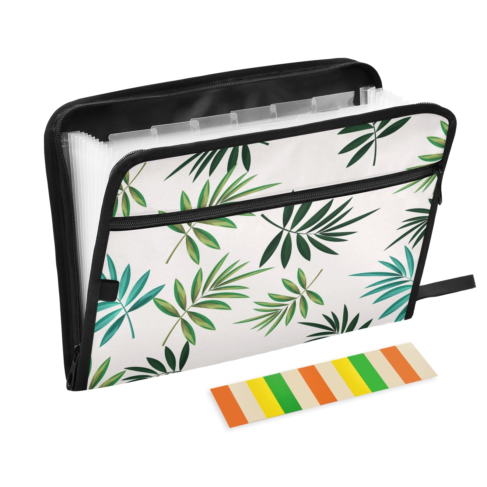 KFBE Green Leaves Expanding File Folder with Sticky Labels - 13 Pocket Accordion Organizer for Letter/A4 Paper Documents - Zippered Closure File Storage for Office, School, Home & Travel Use