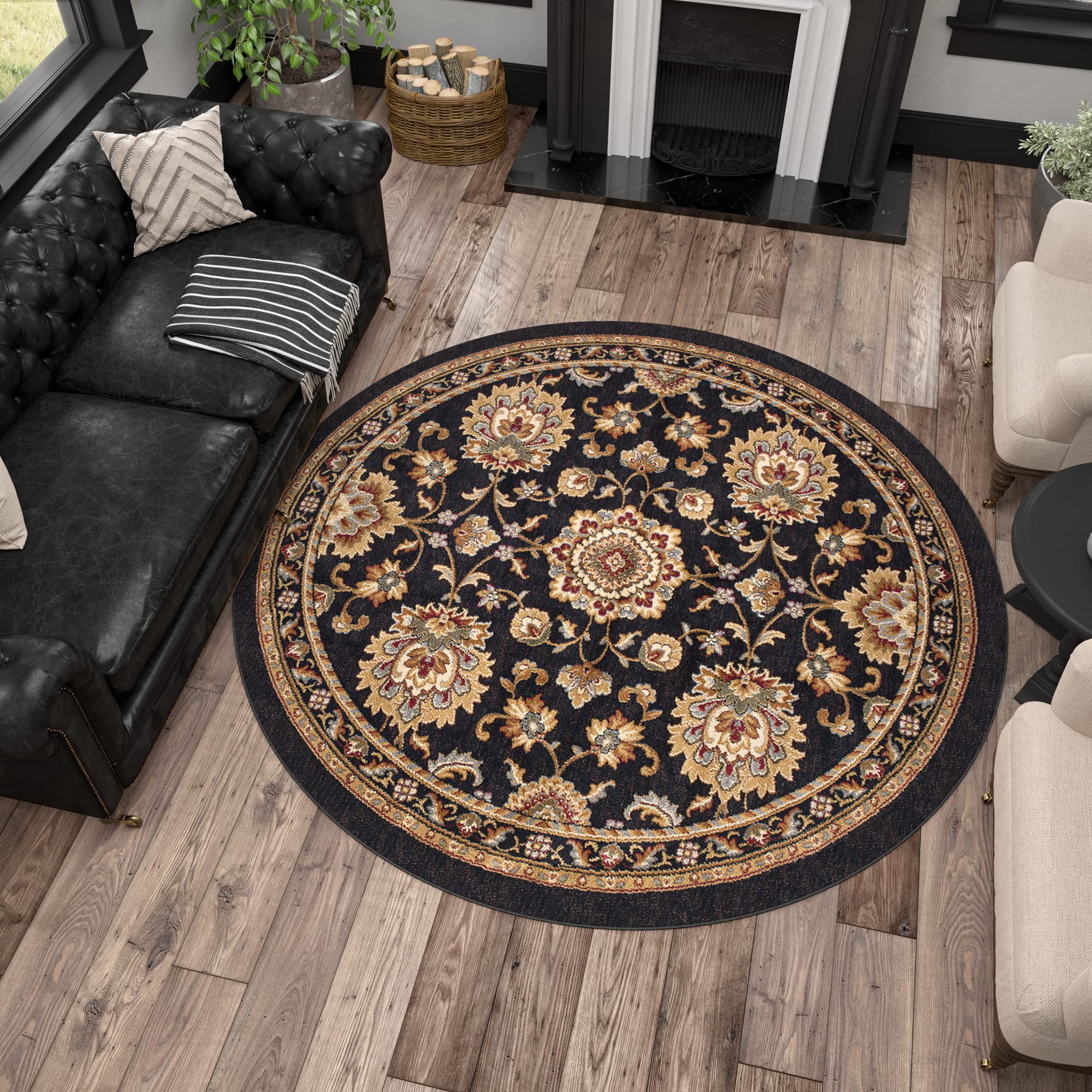 8ft Round Indoor Area Rug for Living Room, Dining Room, Bedroom & Entryway - Traditional Oriental Black Carpet (7'11