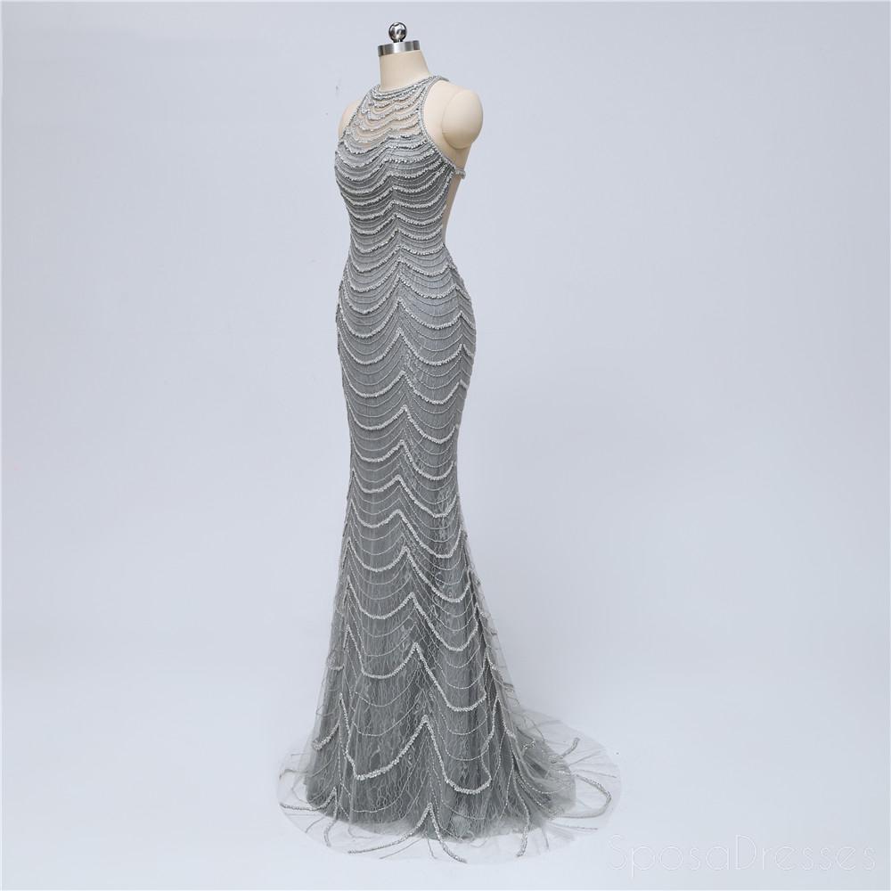 Elegant Grey Lace Beaded Mermaid Prom Dress - Luxurious Sweet 16 Evening Gown for Formal Events | Perfect for Prom Night, Quinceañera, and Black Tie Occasions