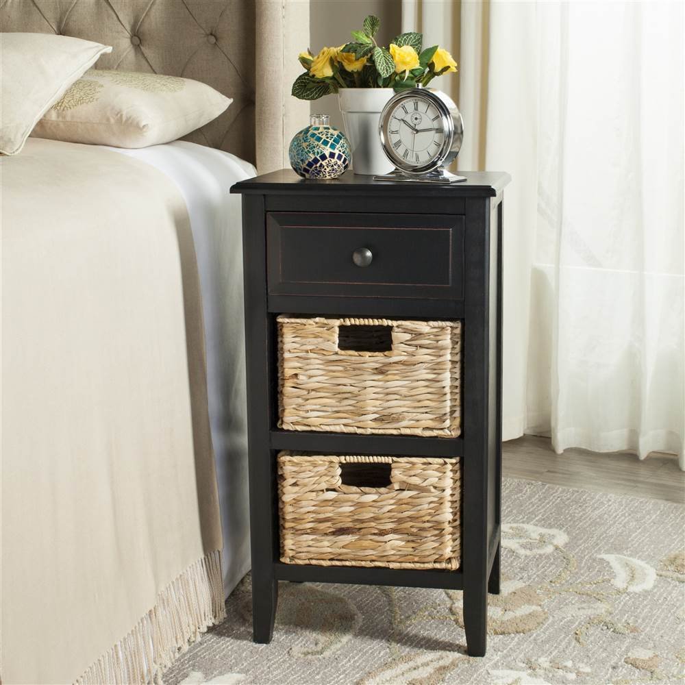 Safavieh Everly Distressed Black Nightstand with Drawer & 2 Removable Baskets - Bedside Table for Bedroom, Living Room, or Office Storage