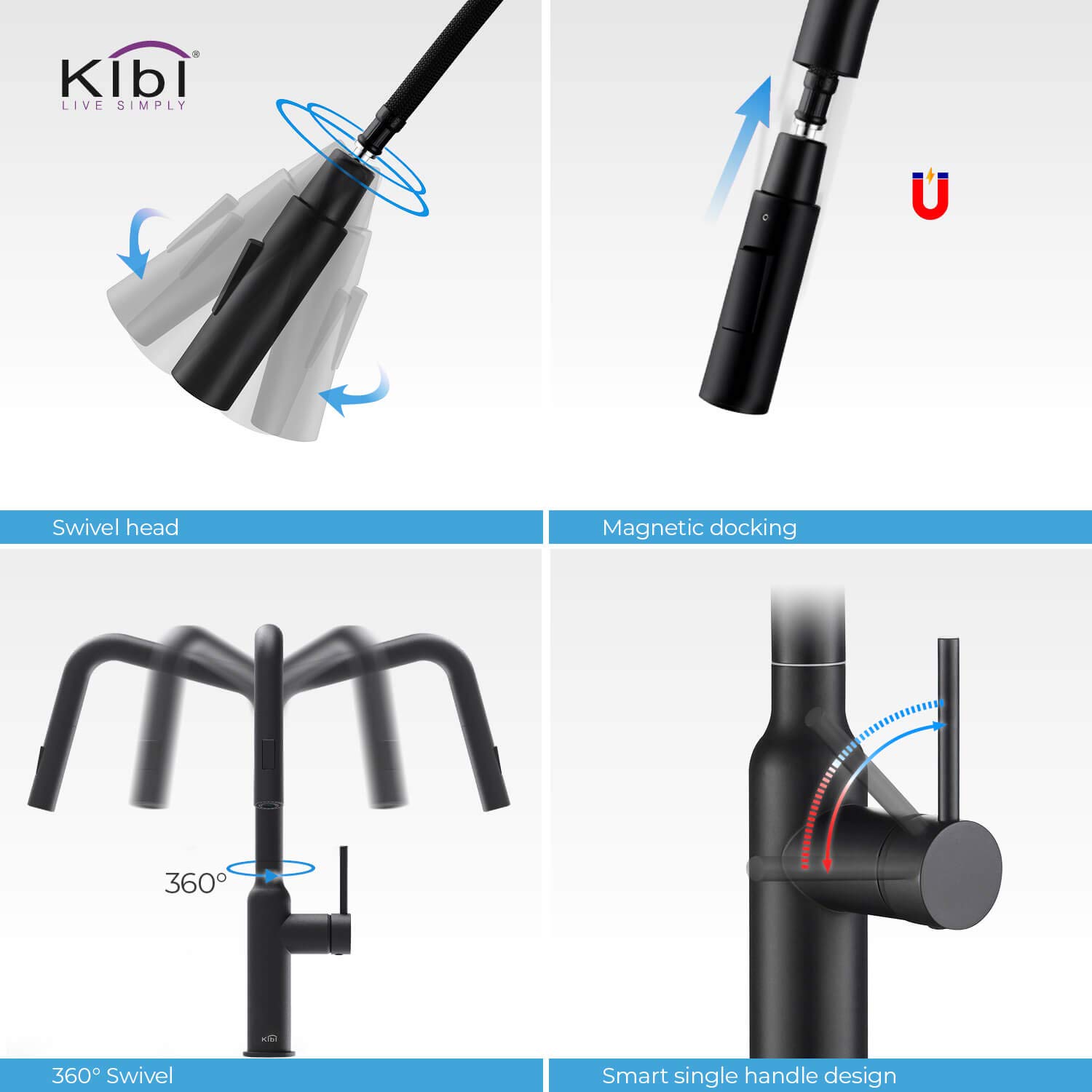 KIBI Matte Black Kitchen Faucet with Pull Down Sprayer & Soap Dispenser for Modern Homes