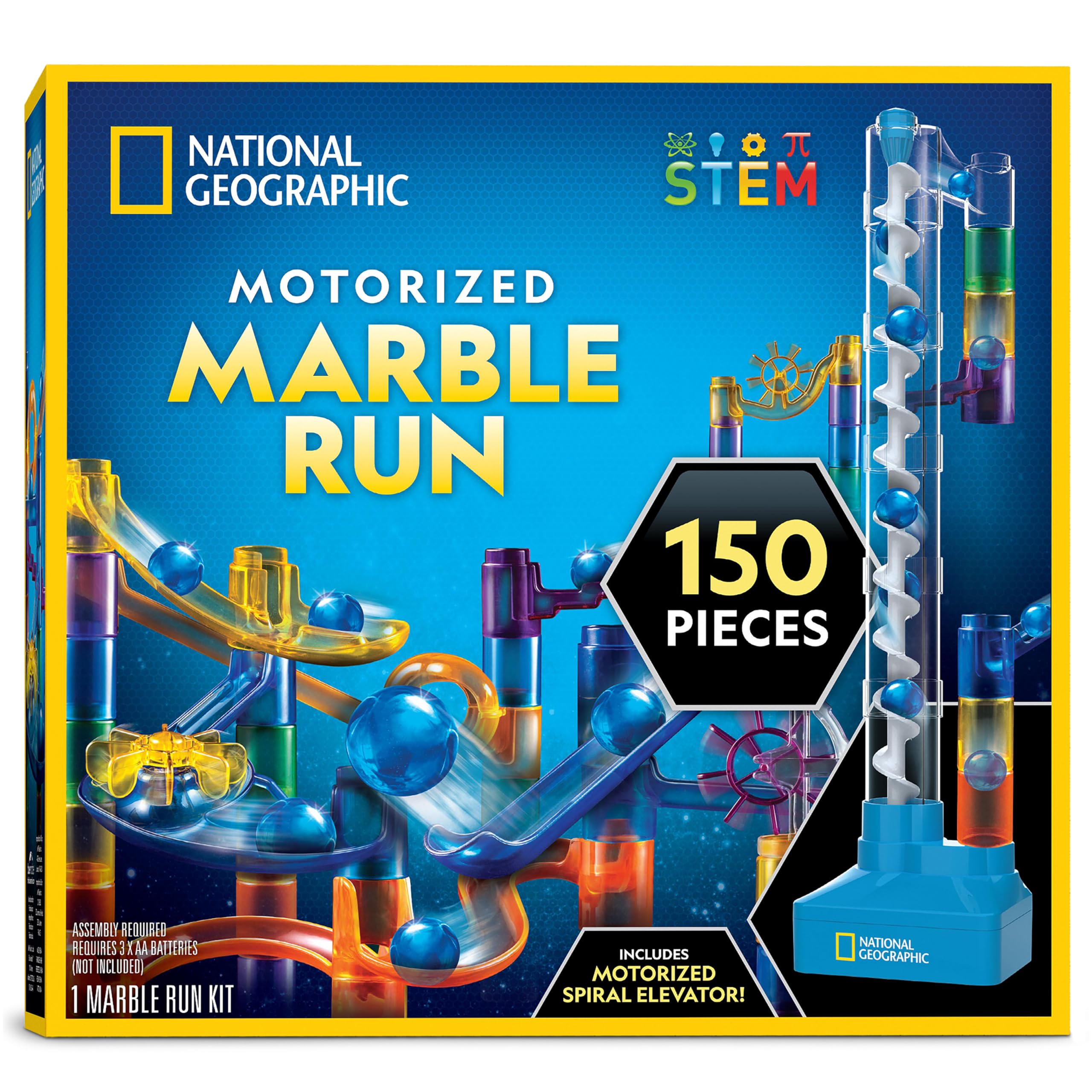 National Geographic Marble Run with Motorized Elevator - 150-Piece STEM Building Set with Spiral Lift, 30 Glass Marbles, Storage Bag | Educational Physics Toy for Kids | Perfect for Classroom STEM Activities & Family Game Nights