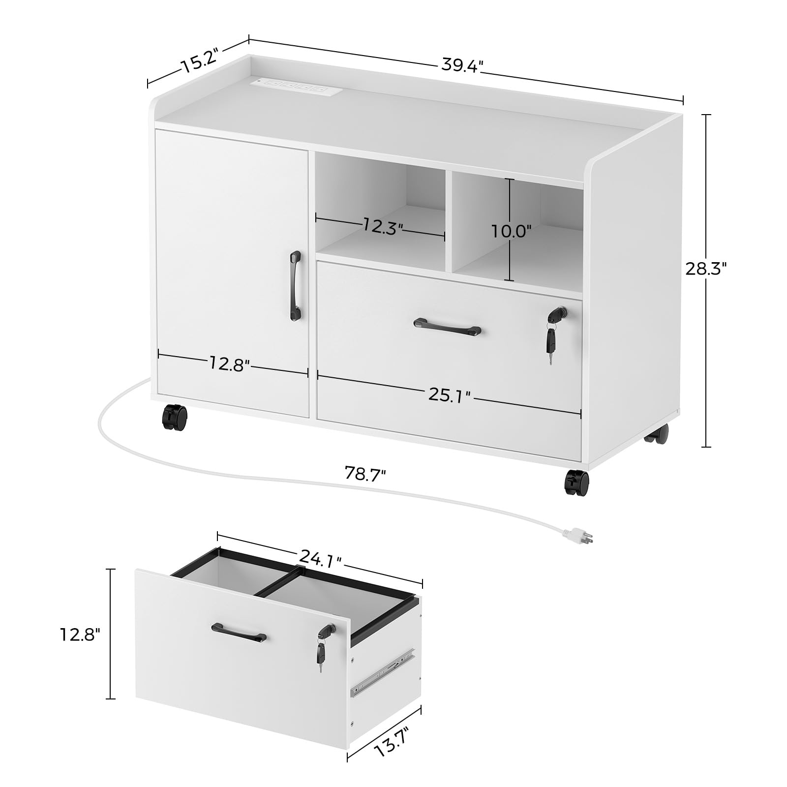 Rolanstar Mobile File Cabinet with Charging Station - Locking Drawer Lateral Filing Cabinet, Printer Stand with Open Storage Shelf & Wheels - Holds Letter/Legal/A4 Size Files, White - Perfect for Home Office, Small Business & Workspace Organization