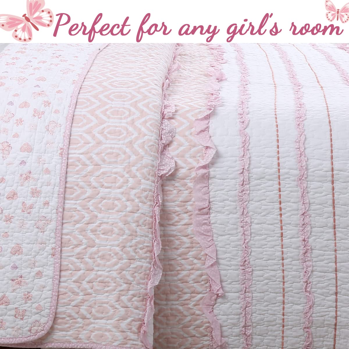Pink Ruffle Butterfly Reversible 100% Cotton Quilt Bedding Set - Twin Size 4 Piece (1 Quilt + 1 Sham + 2 Pillows) | Soft Cozy Bedspread Coverlet for Girls Room & Teen Bedroom Decor | Perfect for Spring, Summer & Dorm Essentials