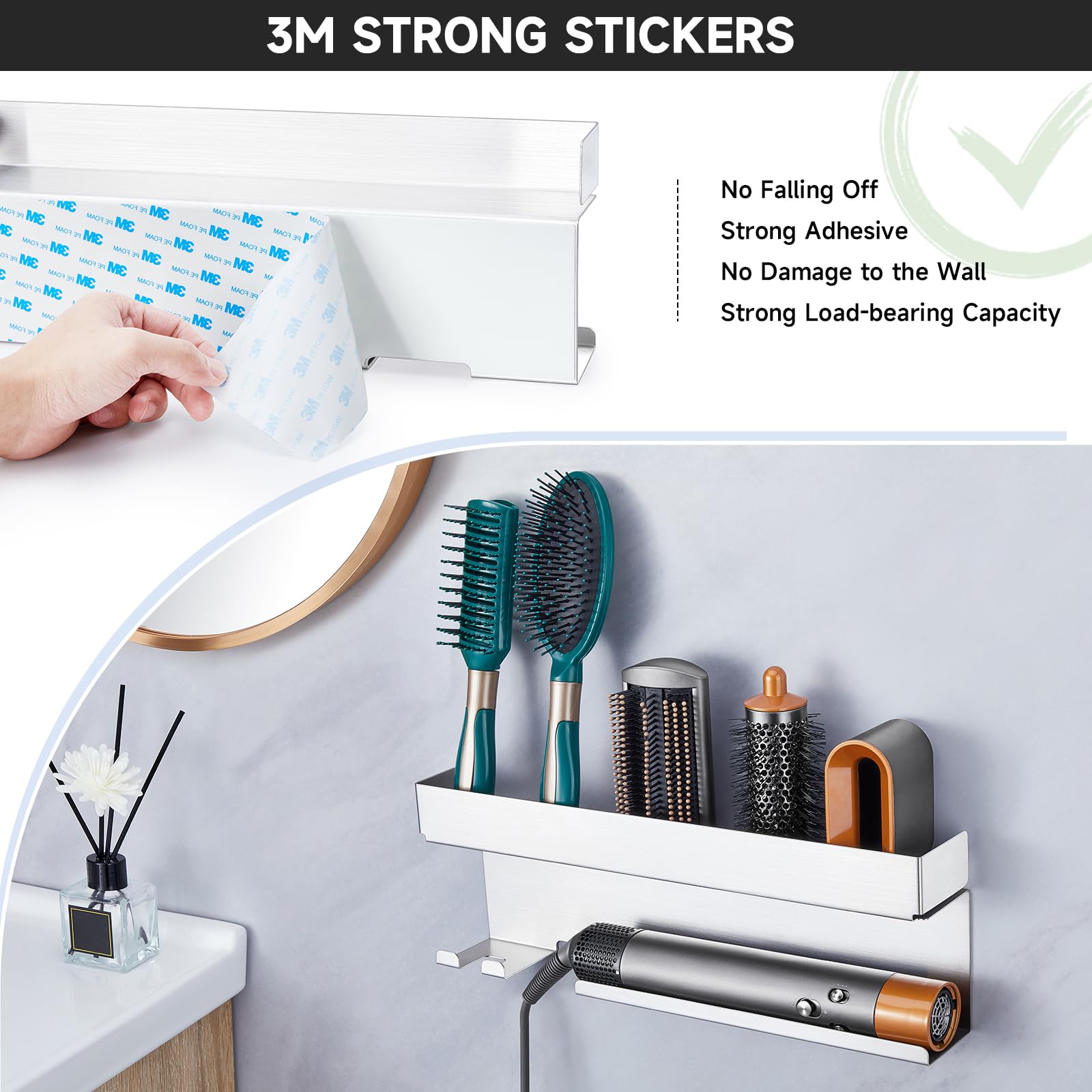 Stainless Steel Wall Mount Hair Tool Organizer - Hair Dryer Holder & Curling Iron Wand Accessories Storage for Bathroom | Perfect for Styler Attachments, Hair Straightener & Beauty Tools Organization