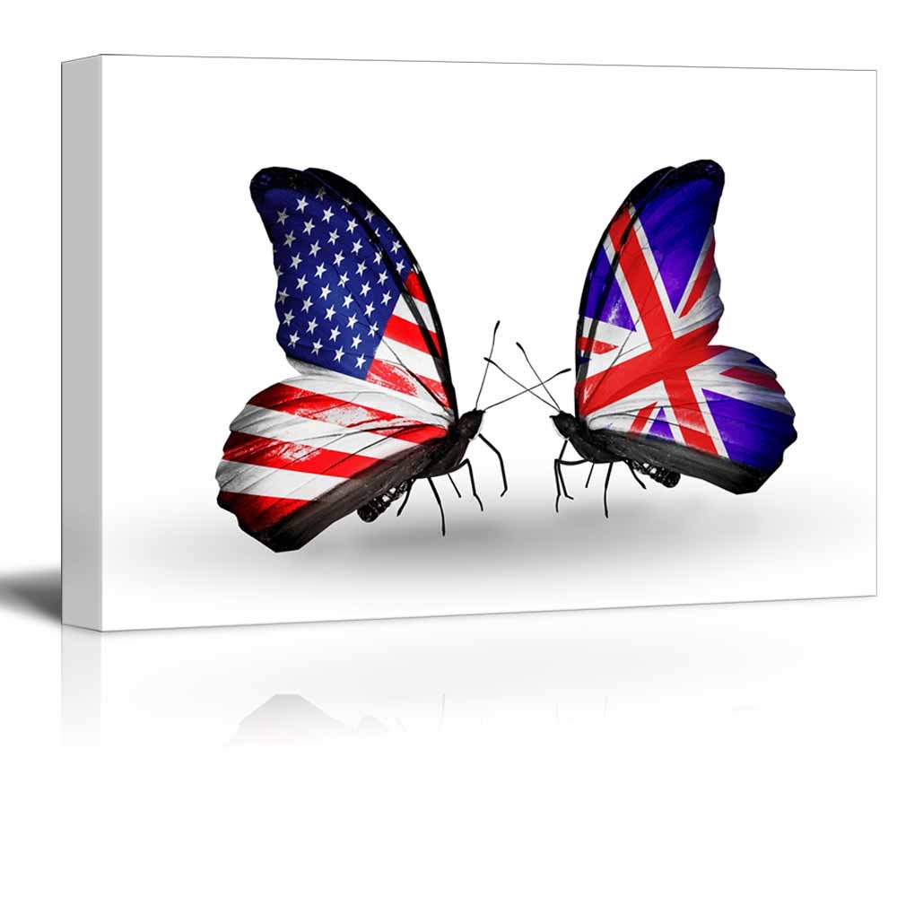 USA UK Flag Butterfly Canvas Prints - 32x48 Inch Wall Art Decor for Living Room, Bedroom & Office - Symbol of International Relations & Friendship