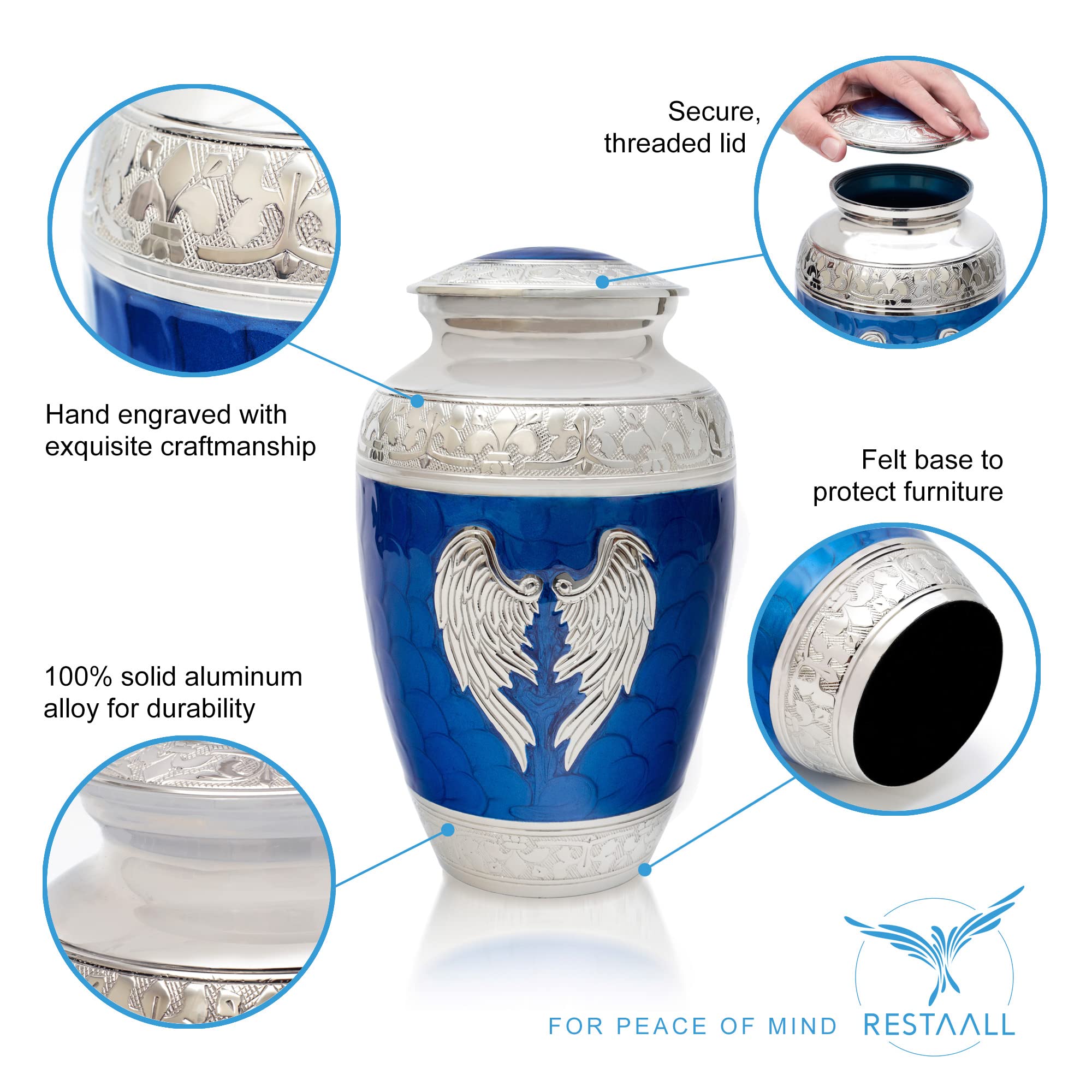 Blue Angel Wings Cremation Urn for Adults - Elegant Decorative Urn for Human Ashes | Perfect Memorial for Loved Ones - Restaall