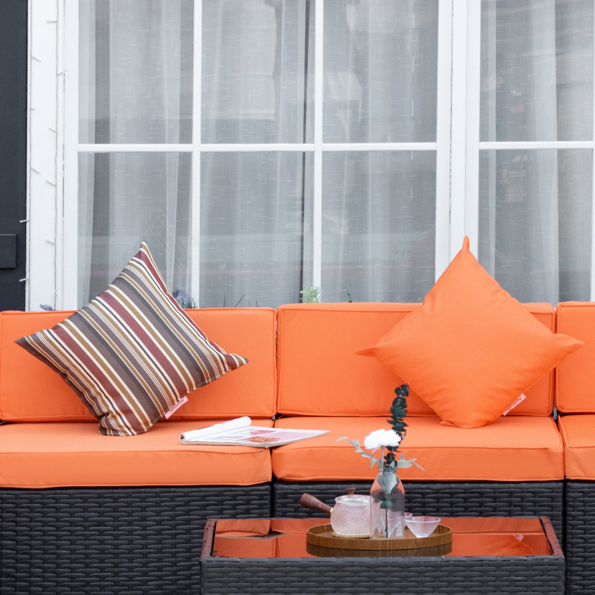 Outsunny 7-Piece Wicker Patio Sectional Sofa Set with Coffee Table & Cushions - All-Weather Rattan Outdoor Furniture for Garden, Deck, Poolside (Orange) | Perfect for Backyard Lounging, Entertaining Guests & Relaxing Outdoors