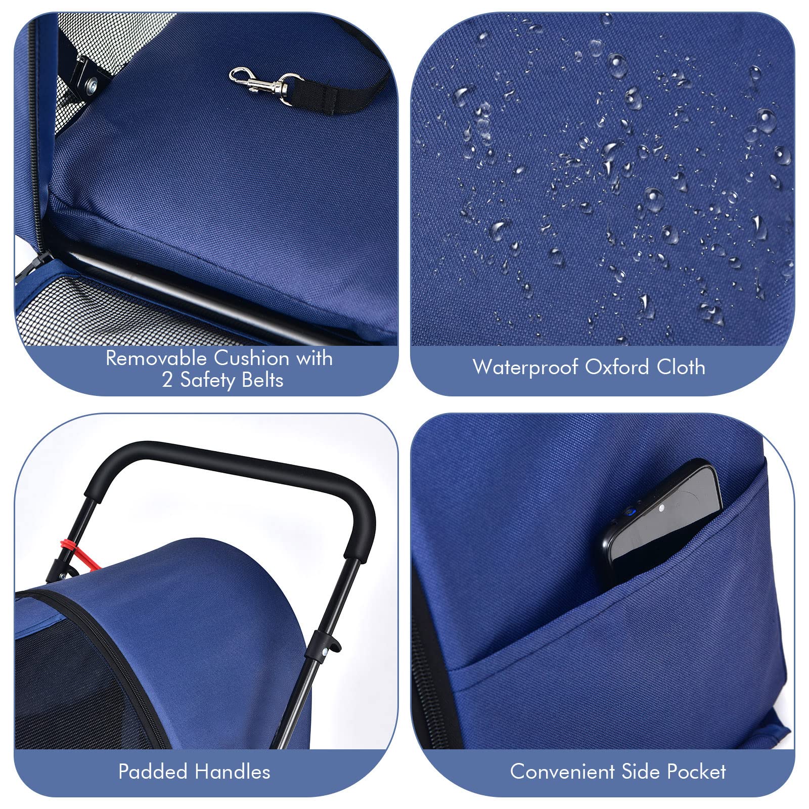 Giantex Double Pet Stroller for Dogs & Cats - 2 Detachable Carrier Bags, Safety Belt, 4 Lockable Wheels - Foldable Travel Carrier for Small & Medium Pets - Perfect for Park Walks, Vet Visits & Shopping Trips (Navy Blue)