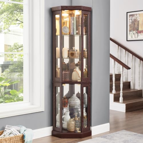 Antique White Corner Glass Curio Cabinet with LED Lights - Display Case for Living Room, Antique Collections, Wine & Bar Glass Storage - Perfect for Home Decor, Showcasing Collectibles & Entertaining Guests