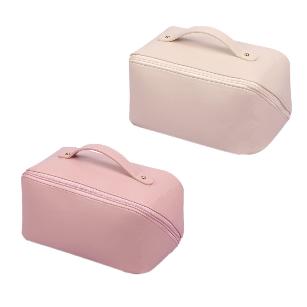 Large-Capacity Waterproof Travel Cosmetic Bag - Portable Leather Makeup Organizer with Handle & Divider for Skincare, Cosmetics & Toiletries (White+Pink) - Perfect for Air Travel, Gym, Vacation & Daily Use