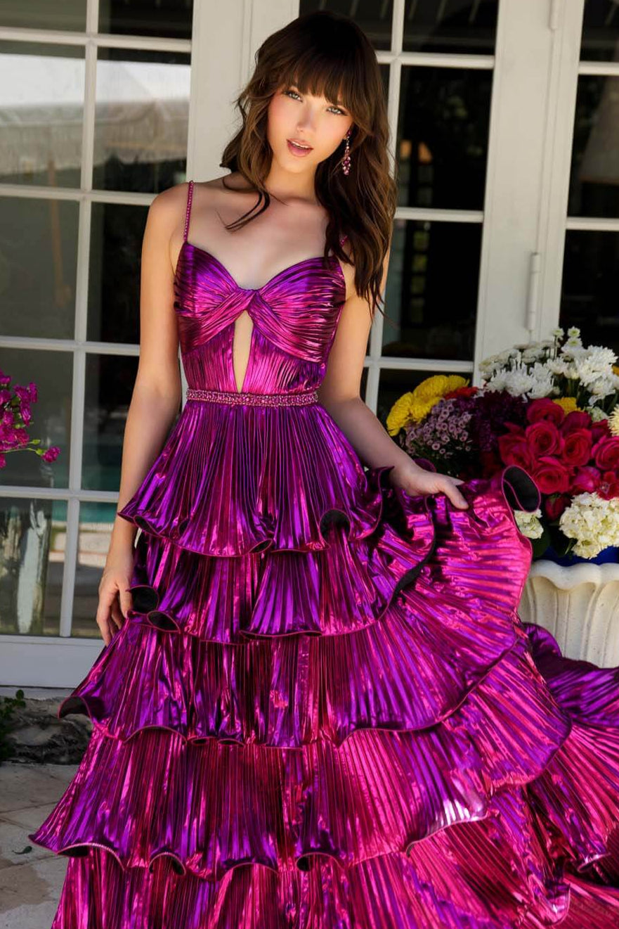 Ava Presley Metallic Tiered Keyhole Gown - Elegant Evening Dress for Prom, Wedding & Formal Events