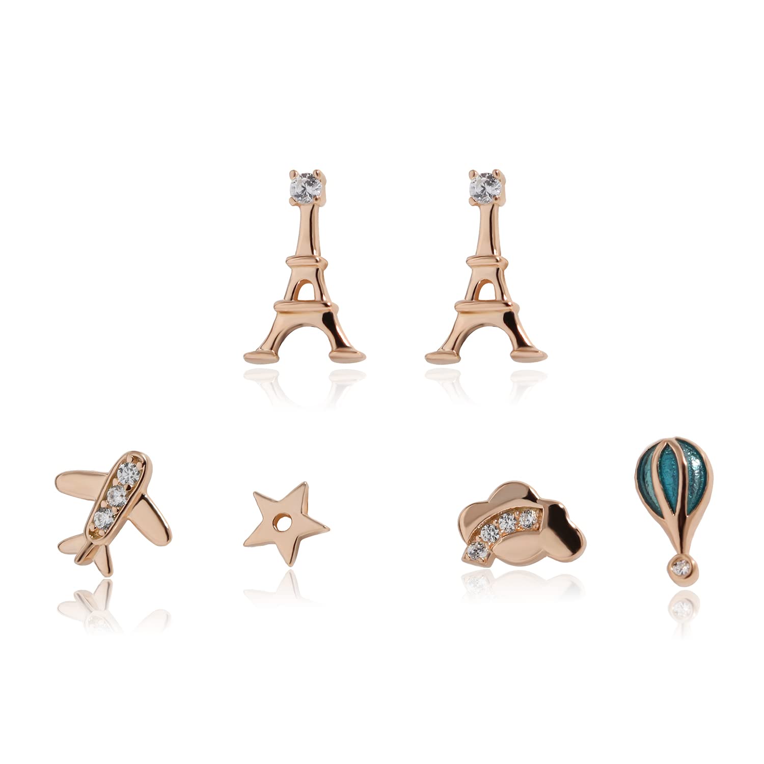925 Sterling Silver/Rose Gold/Gold Eiffel Tower Hot Air Balloon Cloud Star Airplane Stud Earrings Set - Dainty Jewelry for Multiple Piercings | Perfect for Travel Lovers, Gift Giving & Everyday Wear