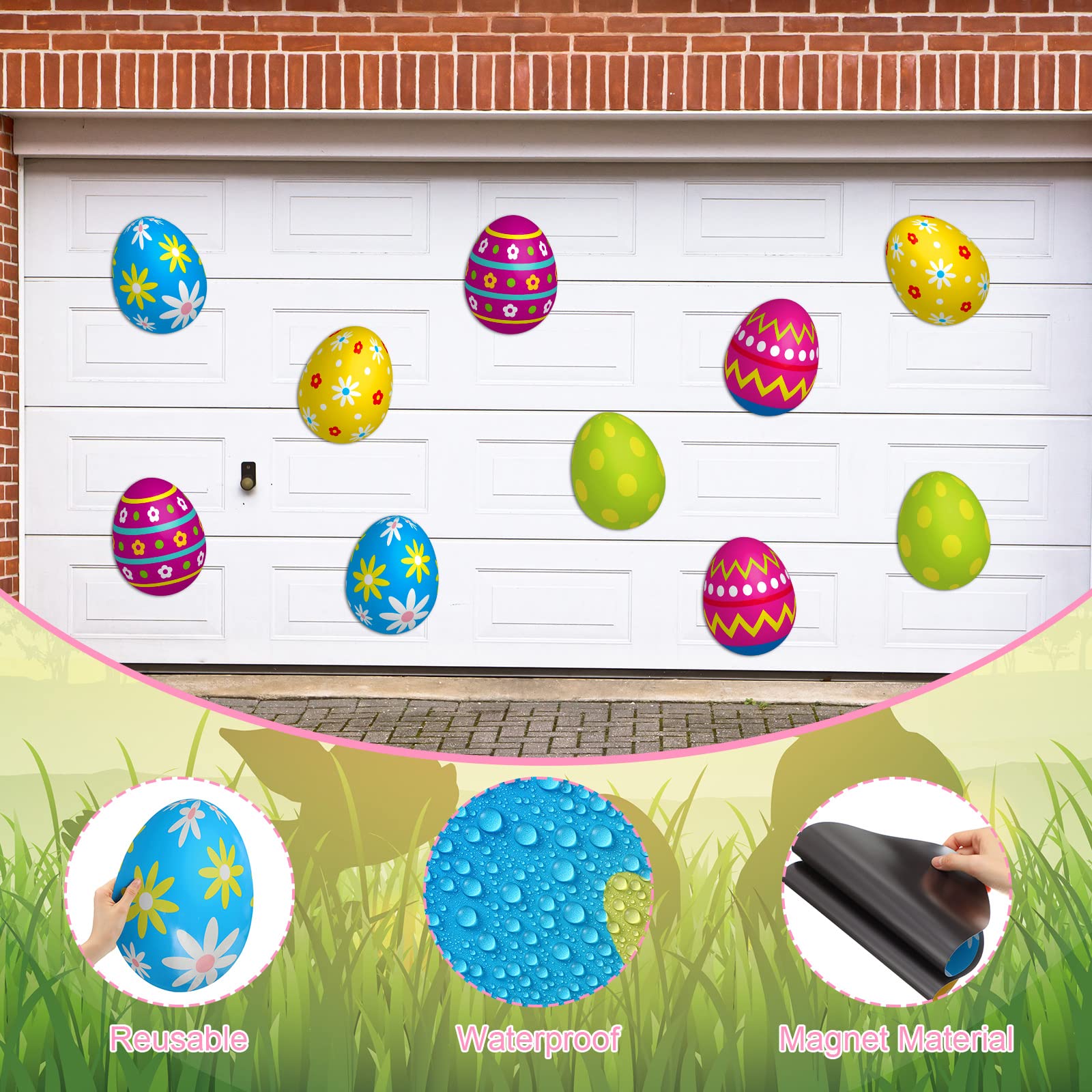 10 Pack 12 Inch Large Easter Egg Magnets - Strong Magnetic Garage Door & Refrigerator Decorations - Holiday Car Stickers for Easter Decor & Party Supplies - Perfect for Home, Office, and Seasonal Celebrations