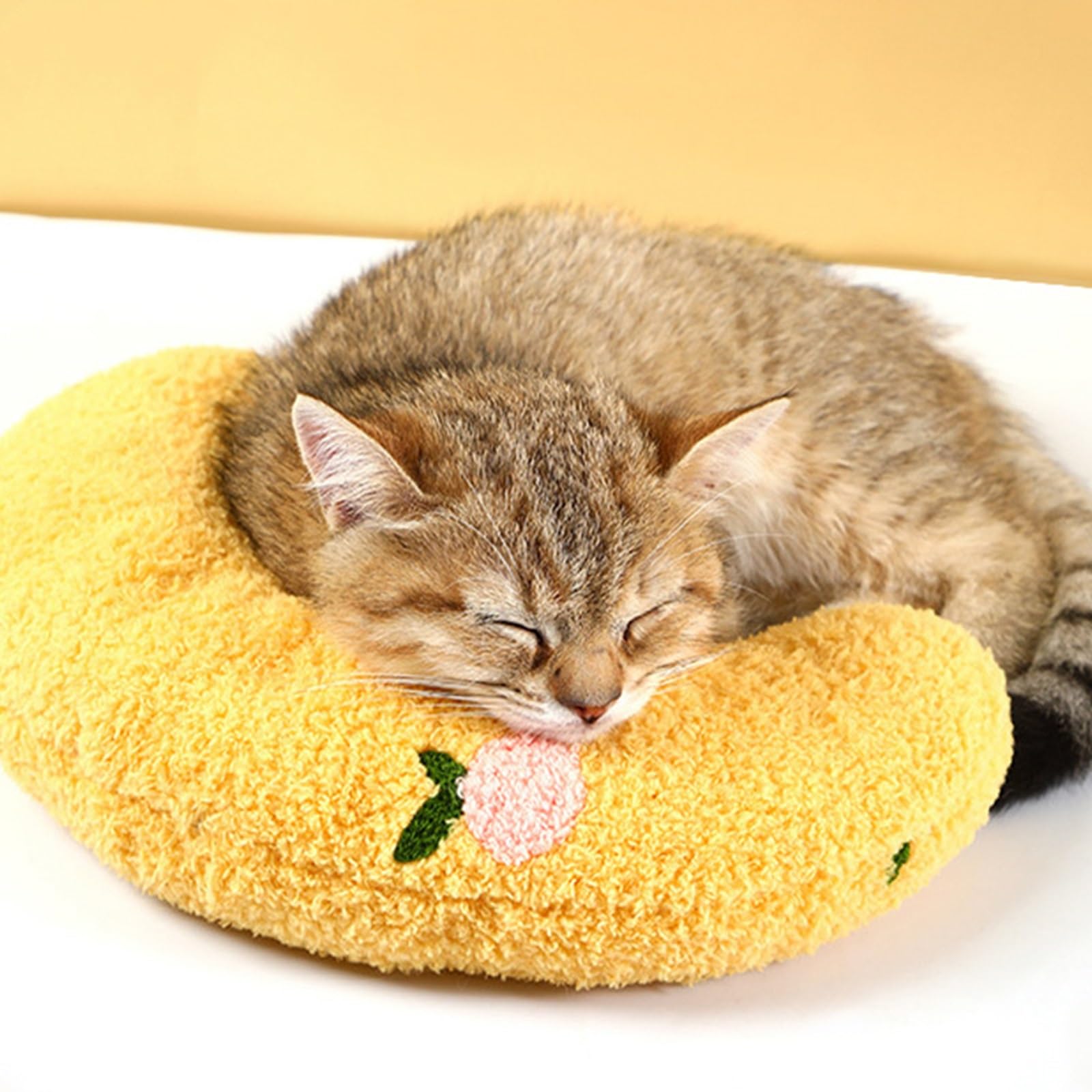 Ultra Soft Fluffy Pet Calming Donut Bed for Cats & Puppies - Joint Relief Sleeping Cuddler Toy, Machine Washable (Yellow) | Perfect for Anxiety Relief & Cozy Napping at Home