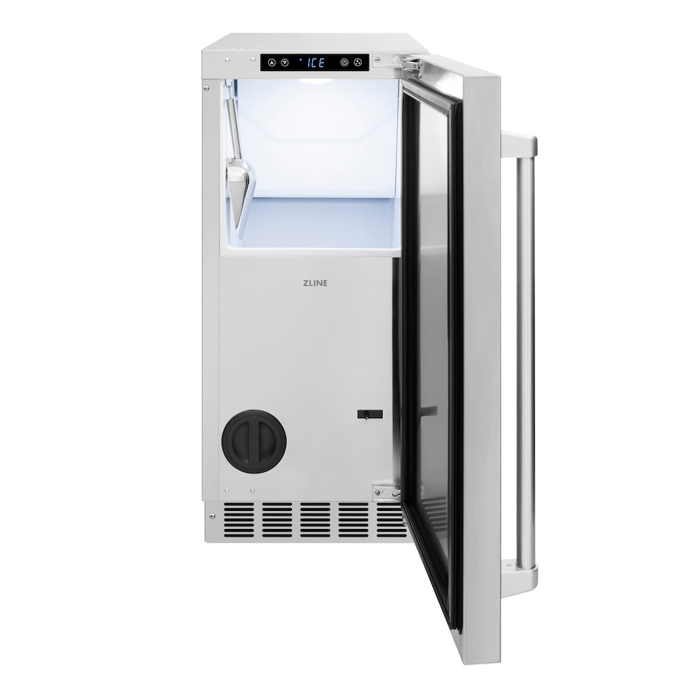 ZLINE 15 Inch Clear Cube Ice Maker with Drain Pump & Stainless Steel Door - Countertop Commercial Ice Machine for Home Bars, Restaurants & Offices (ICCD ST 15)