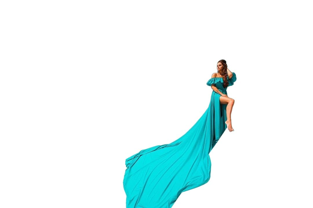 Elegant Off Shoulder Long Flying Dress with Train - Flowy Satin Photoshoot Dress for Women | Perfect for Beach, Wedding, Santorini Vacations & Boho Photoshoots