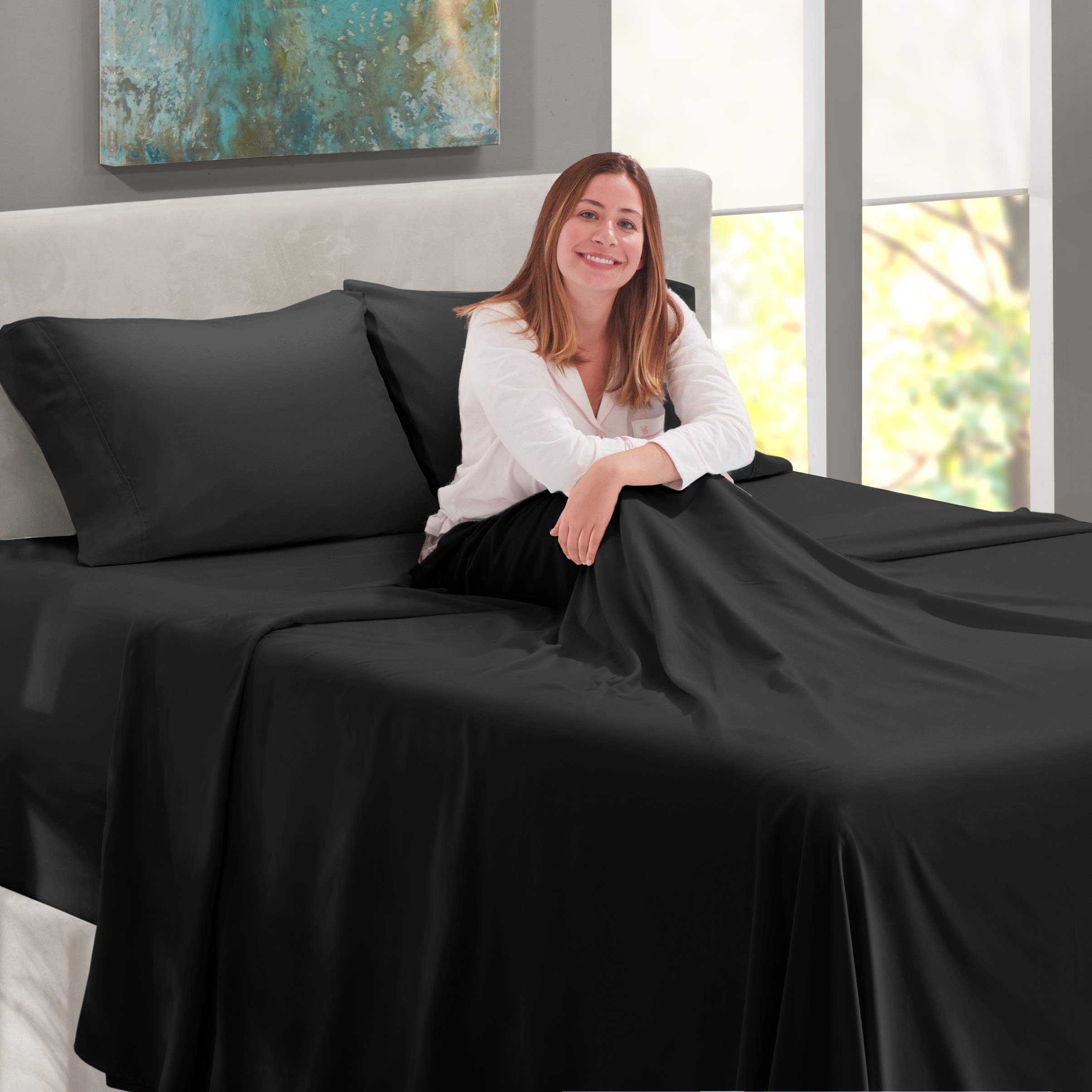 Nestl Extra Deep Pocket Sheet Set - 4 Piece Full Size Sheets Fits 18-24 Inch Mattress, Soft & Breathable Black Bedding - Perfect for Guest Rooms, Dorms & Deep Mattresses