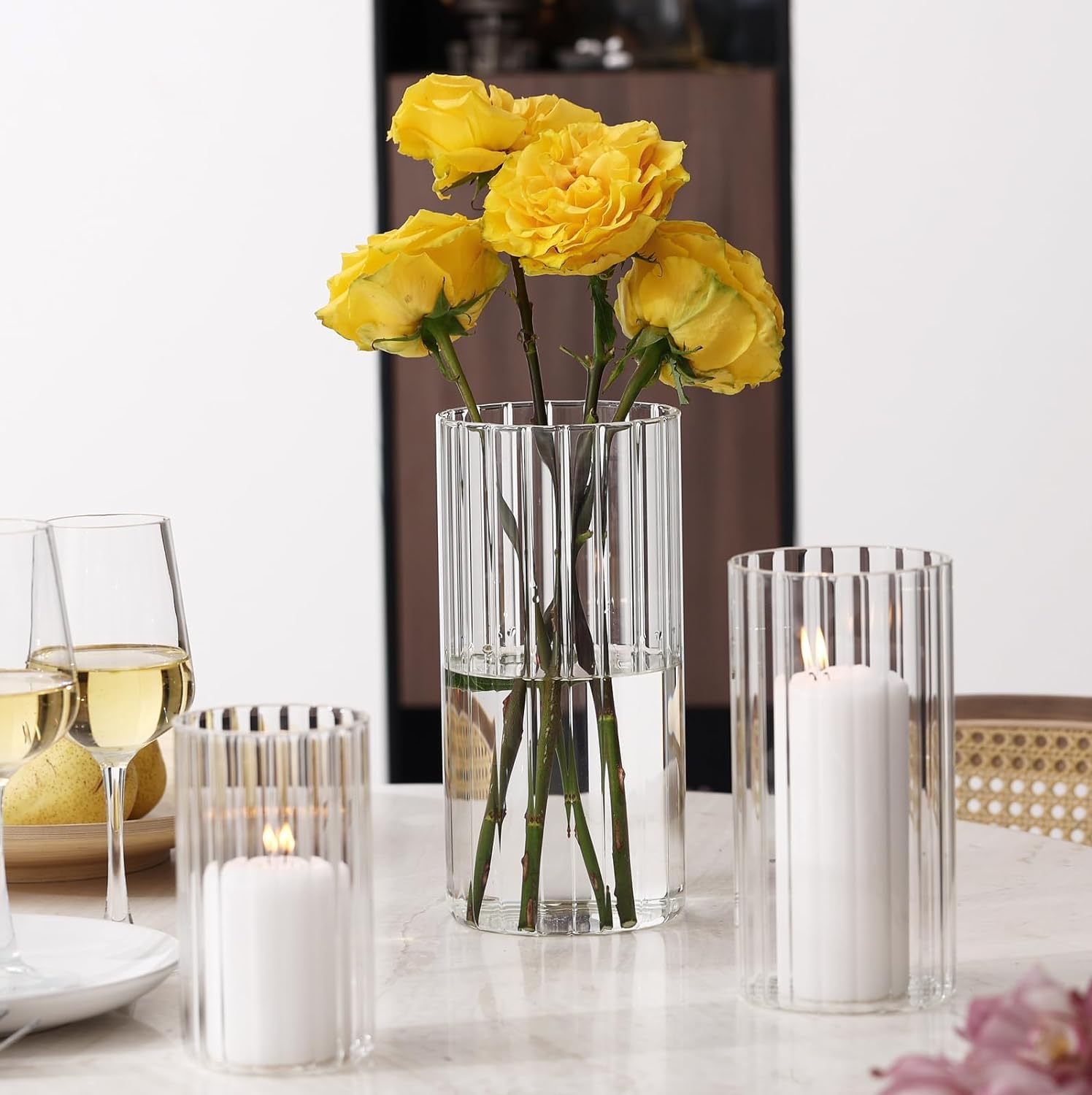 9-Piece Ribbed Glass Hurricane Candle Holders Set - 6'', 8'', 10'' Tall Cylinder Vases for Pillar Candles - Elegant Centerpieces for Weddings, Dining Tables & Home Decor