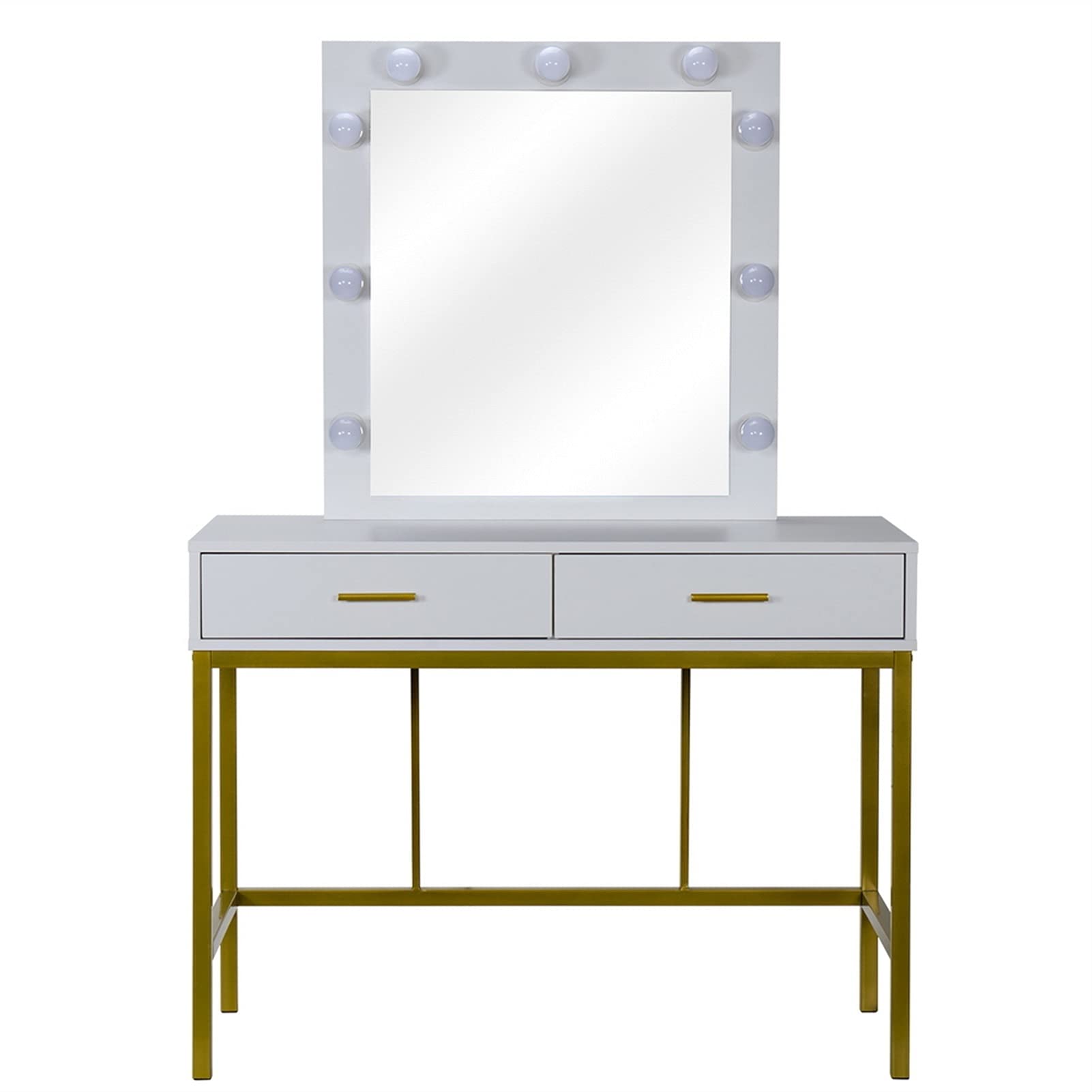 ZLASS White Vanity Table with Golden Steel Frame, Square Mirror, 2 Drawers & 9 Light Bulbs - Makeup Dressing Table Organizer for Bedroom, Home Decor & Beauty Room (White) - Perfect for Applying Makeup, Storing Cosmetics & Creating Elegant Space