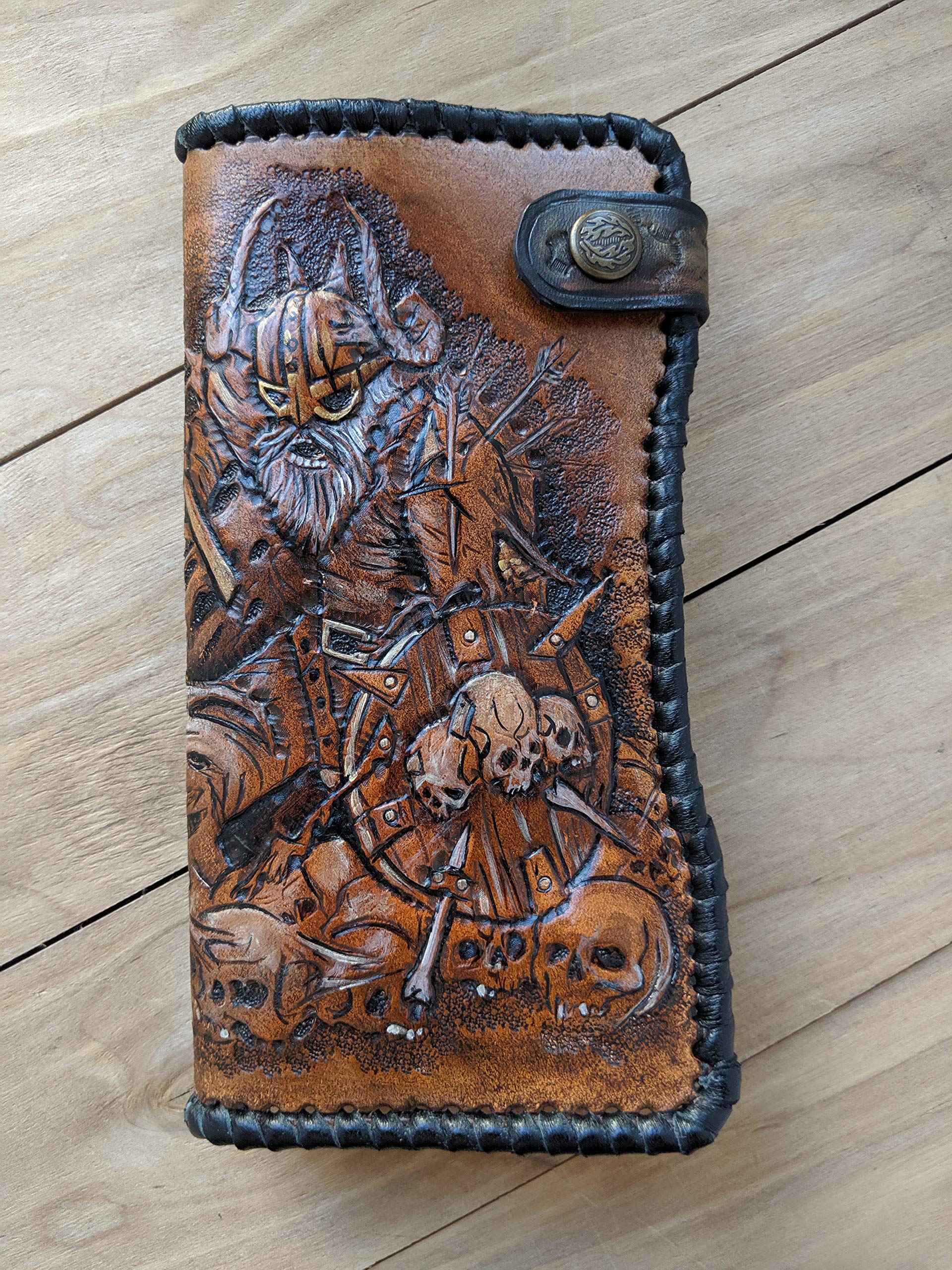 Viking Warriors 3D Genuine Leather Wallet for Men - Odin, Axe, Rune & Skull Design - Handmade Biker Wallet with Airbrush Art - Custom Long Leather Wallet - Perfect for Motorcycle Riders, Collectors & Gift Giving