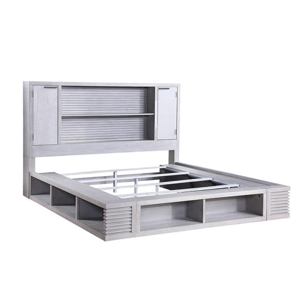 Acme Aromas Queen Size Bed Frame with Built-in Bookcase & Storage - White Oak Finish | Perfect for Small Bedrooms & Studio Apartments