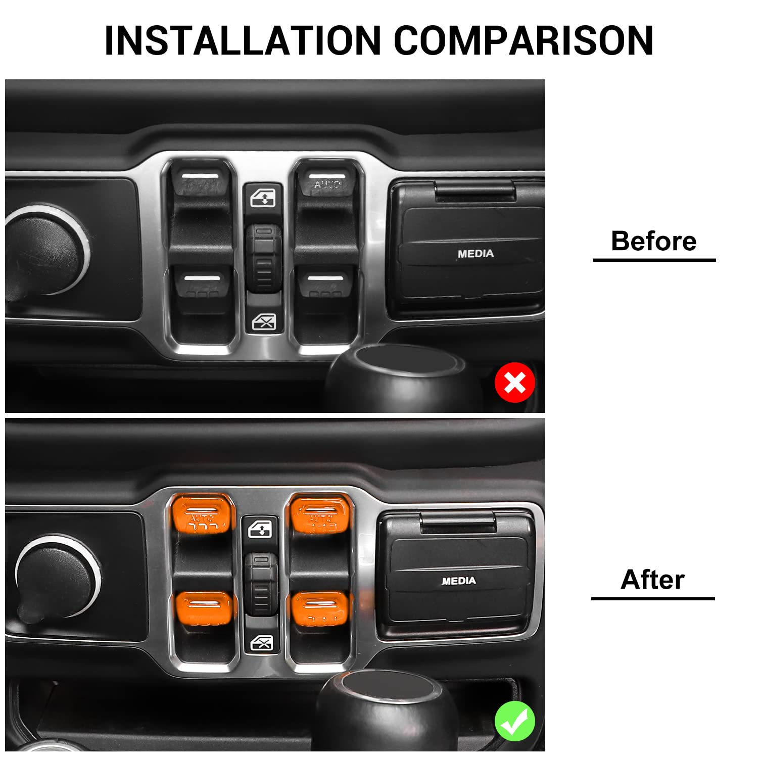 Jeep Wrangler JL JLU (2018-2023) & Gladiator JT (2020-2023) Center Console Window Button Switch Cover - 4PC Interior Trim Accessories in Orange - Upgrade Your Jeep's Interior Style for Off-Road Adventures & Daily Driving