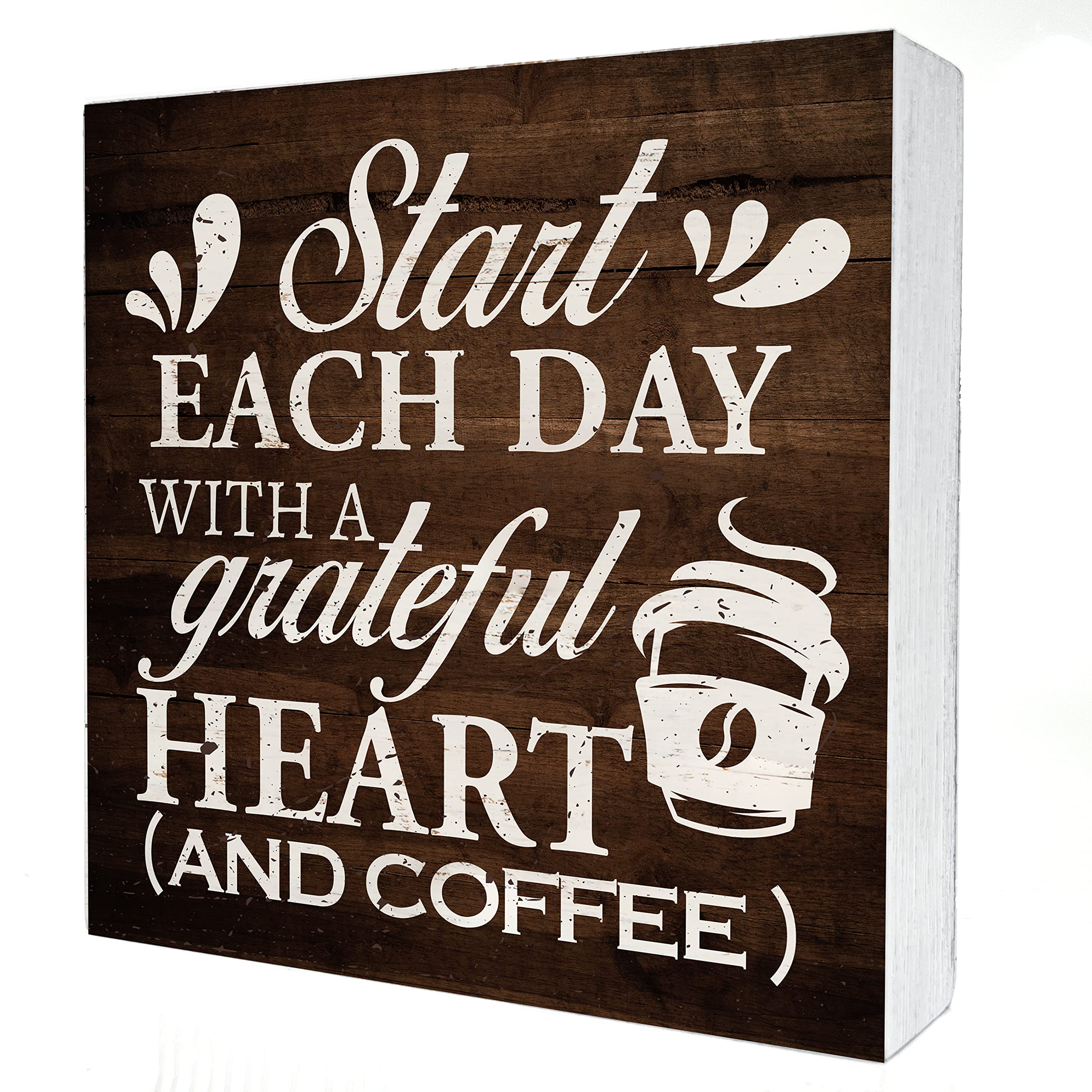 Vintage Wooden Coffee Box Sign - Rustic 5x5 Inch Wood Block Plaque with Inspirational Quotes for Desk, Home, Kitchen & Shelf Decor - Perfect for Farmhouse, Office & Gifts