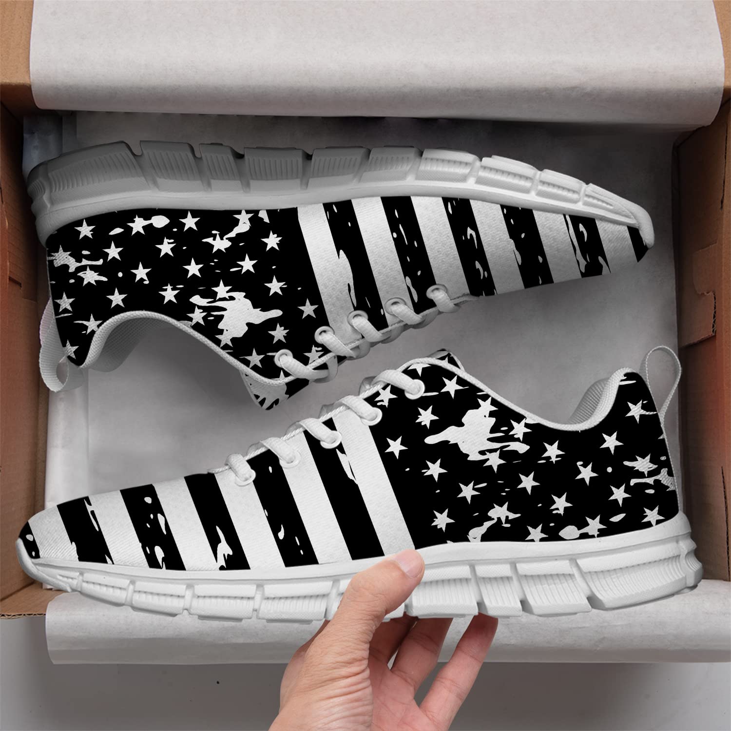 American Flag Walking Sneakers for Men & Women - Patriotic 4th of July Tennis Shoes in White & Black | Comfortable Casual Shoes for Independence Day, Outdoor Activities & Gifts (Men's Size 8, Women's Size 9.5)