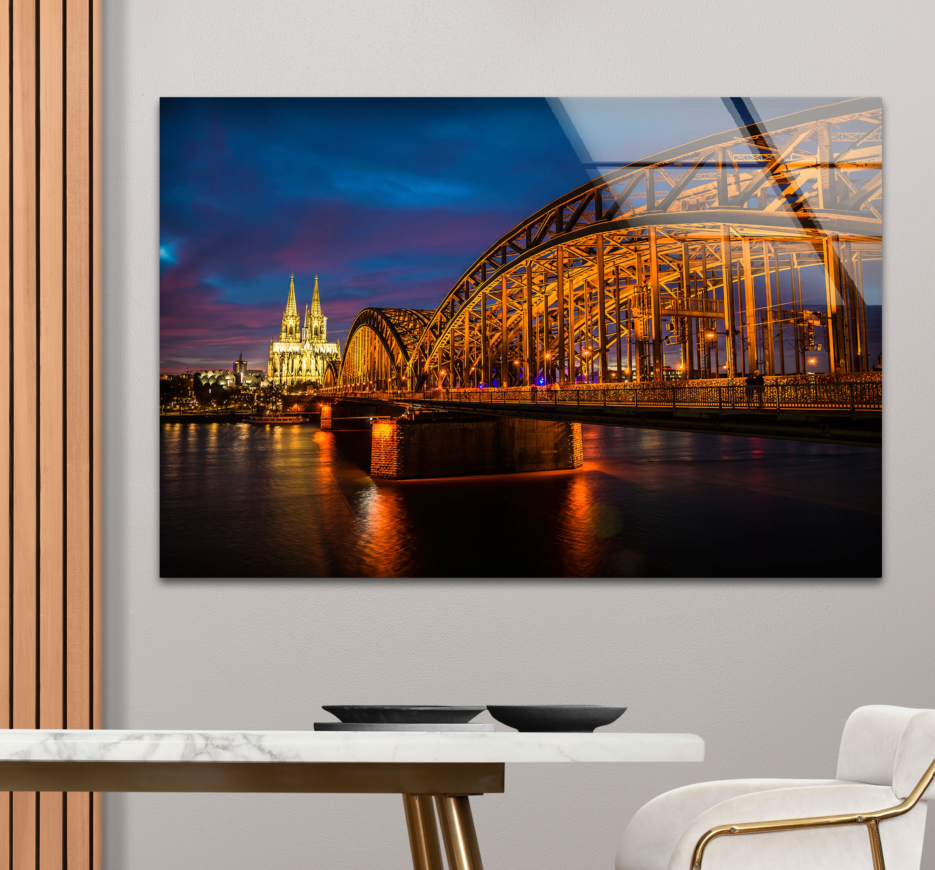 Cologne Cathedral and Hohenzollern Bridge Wall Art - Illuminated Cityscape Glass Print | Stunning German Landmark Decor for Living Room, Office & Gifts