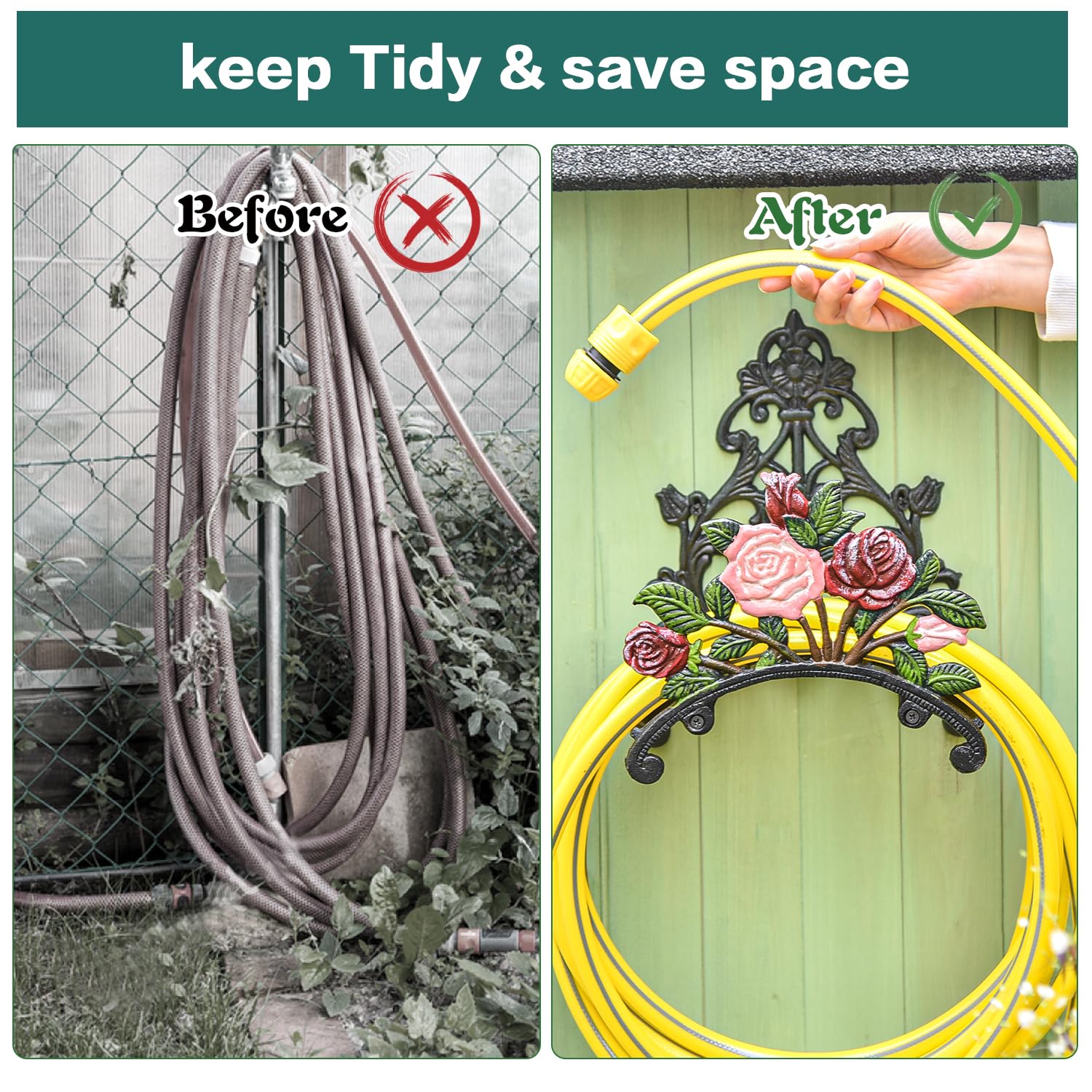 Heavy Duty Cast Iron Garden Hose Holder - Decorative Hand-Painted Peony Wall Mounted Hose Hanger - Outdoor Water Hose Storage Rack - Metal Hose Stand for Yard, Garden, and Patio Organization