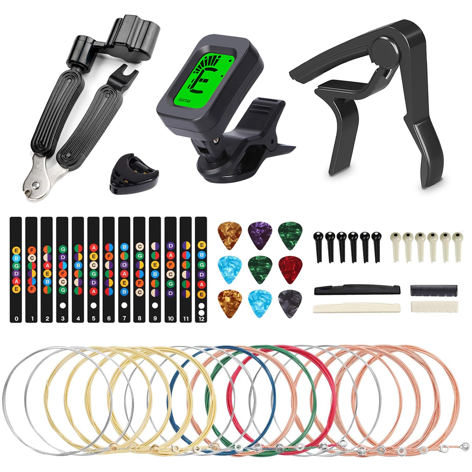 Premium Acoustic Guitar Accessories Kit - Includes Strings, Tuner, Capo, 3-in-1 Restring Tool, Picks, Bridge Pins, Nuts & Saddles - Perfect for Guitar Maintenance, Practice & Live Performances