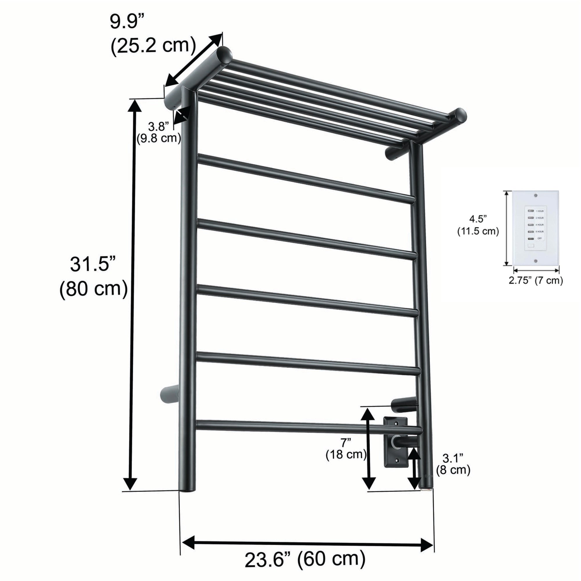 Ancona Miazzo 5 Bar Electric Wall Mount Towel Warmer - Plug In & Hardwire with Shelf & Timer - Matte Black - Perfect for Bathroom, Spa & Luxury Home Heating