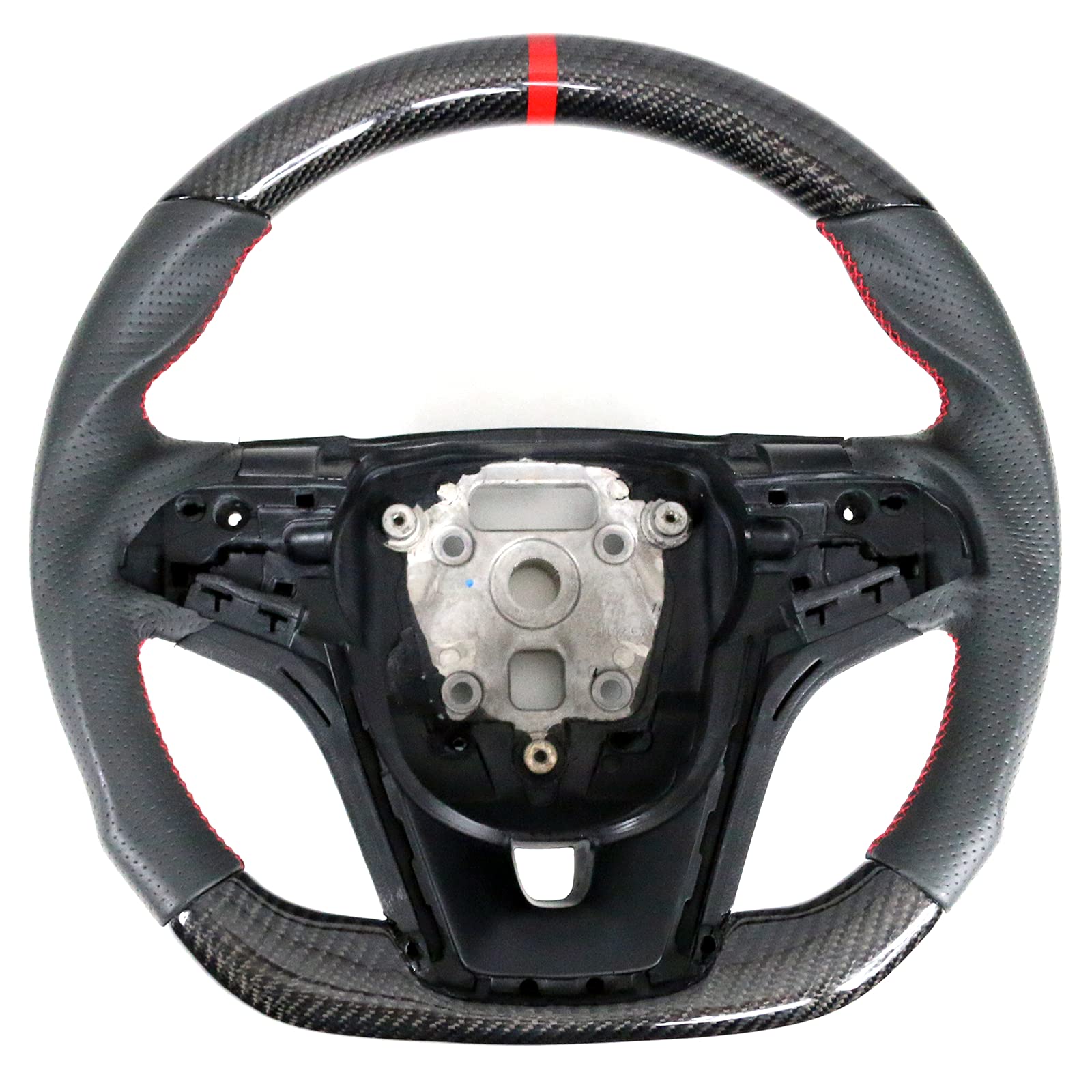 IKON MOTORSPORTS Steering Wheel for 2012-2015 Chevy Camaro - Black Carbon Fiber & Perforated Leather with Red Stitching & Red Indicator - Brushed Aluminum Trim Kit - Upgrade for Racing & Street Performance